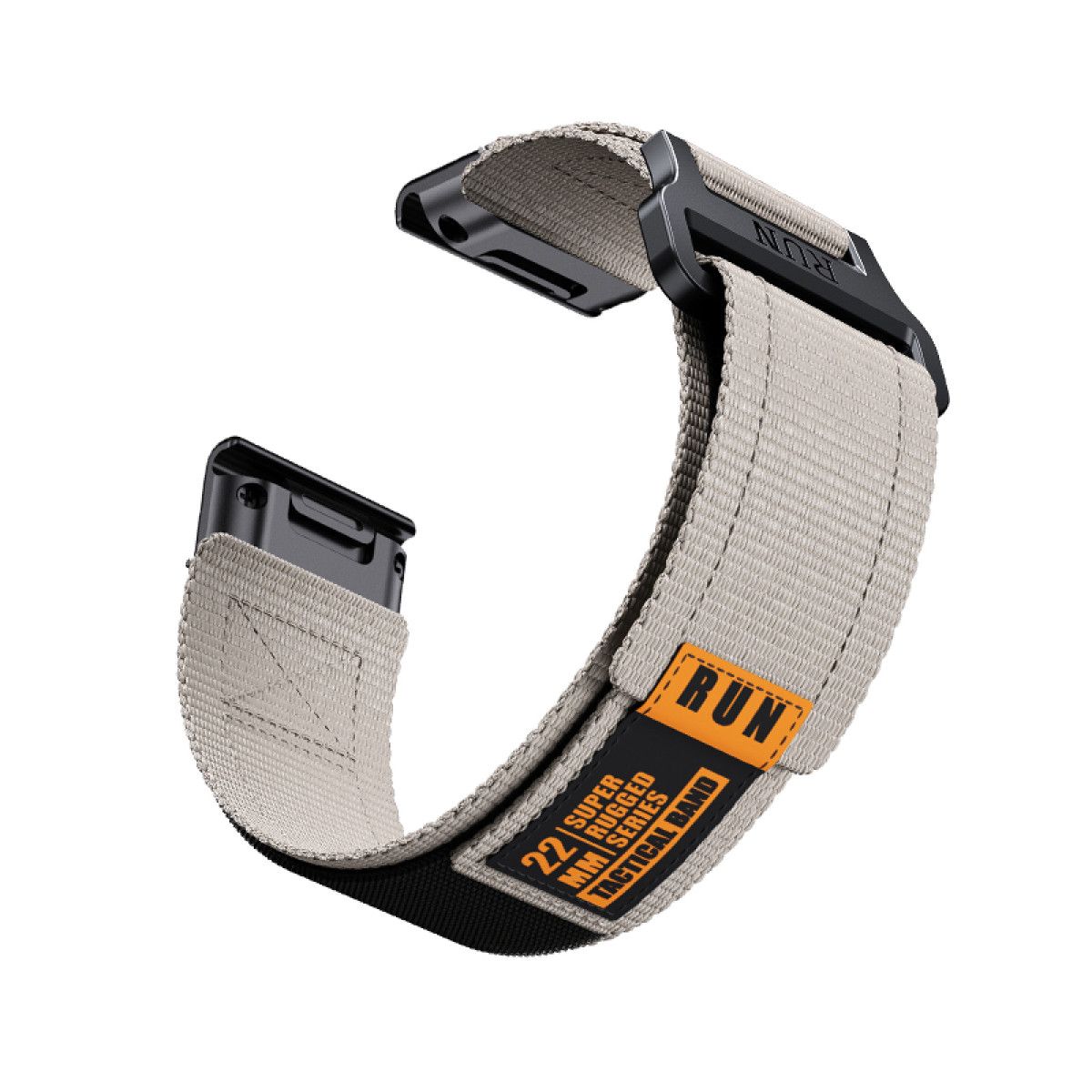 Beiges Uhrenarmband mit schwarzer Schnalle und orangefarbenem 'RUN'-Etikett. Weißer Hintergrund.