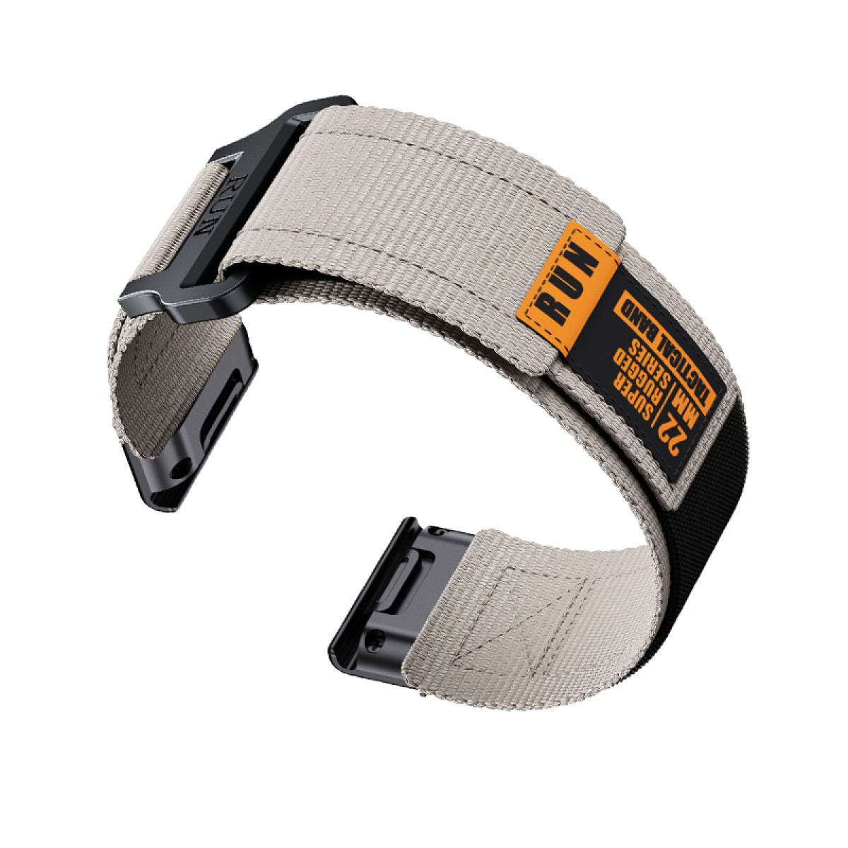 Beiges Uhrenarmband mit schwarzer Schnalle und orangefarbenem 'RUN'-Etikett. Weißer Hintergrund.