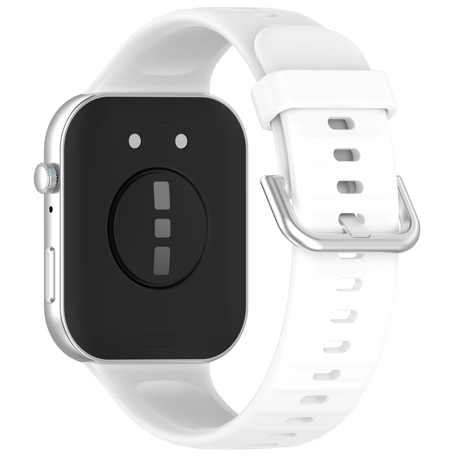 Smartwatch bianco con cinturino bianco, lunetta argentata e schermo nero. Sfondo bianco.