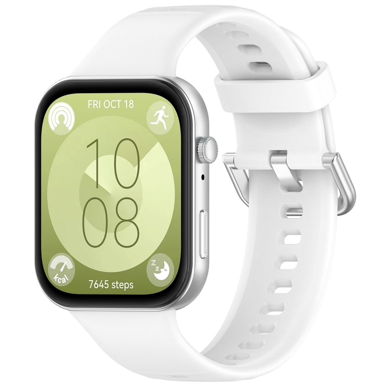 Smartwatch bianco con cinturino bianco, lunetta argentata e display con ora e passi. Sfondo bianco.
