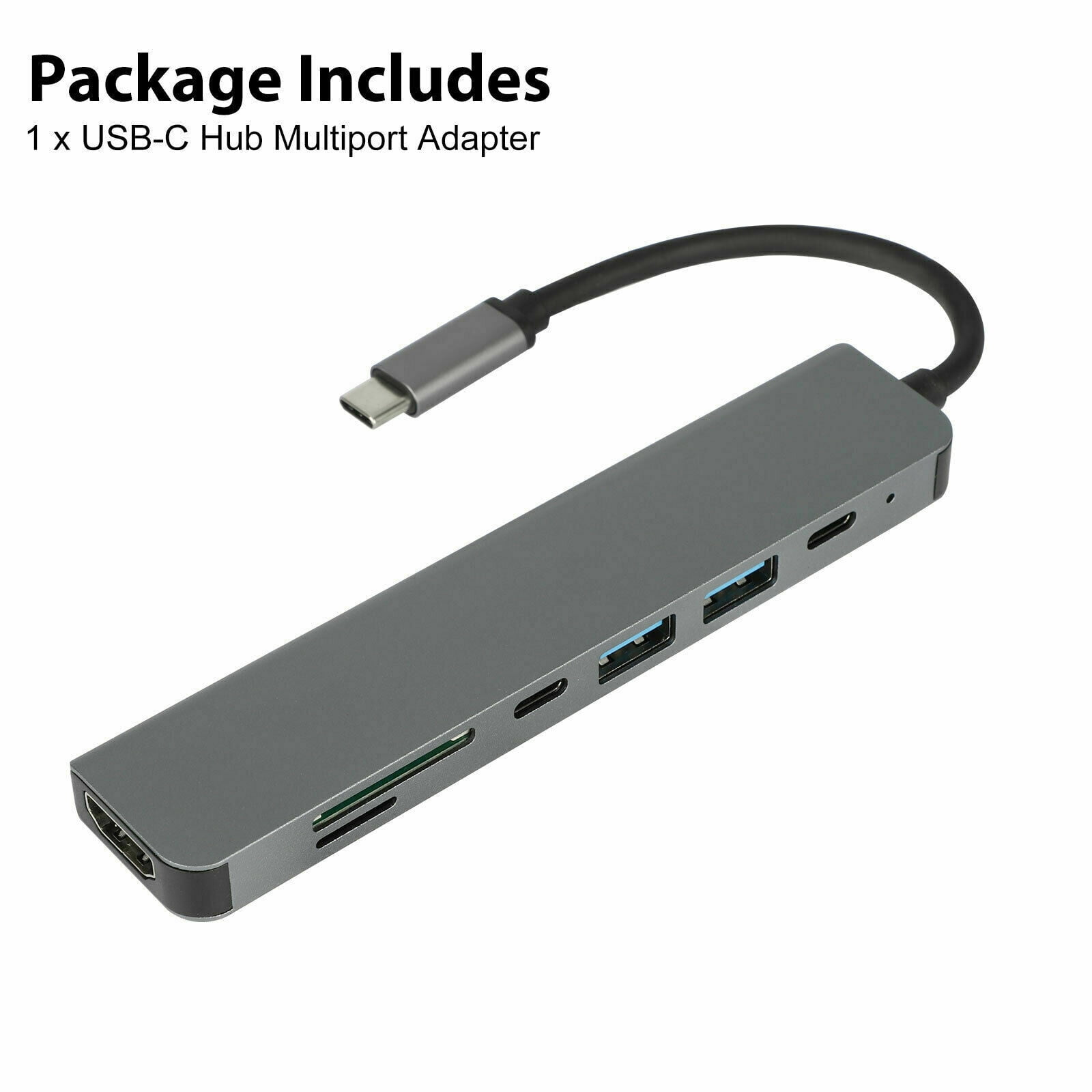 Grauer USB-C-Hub mit mehreren Anschlüssen. Weißer Hintergrund.