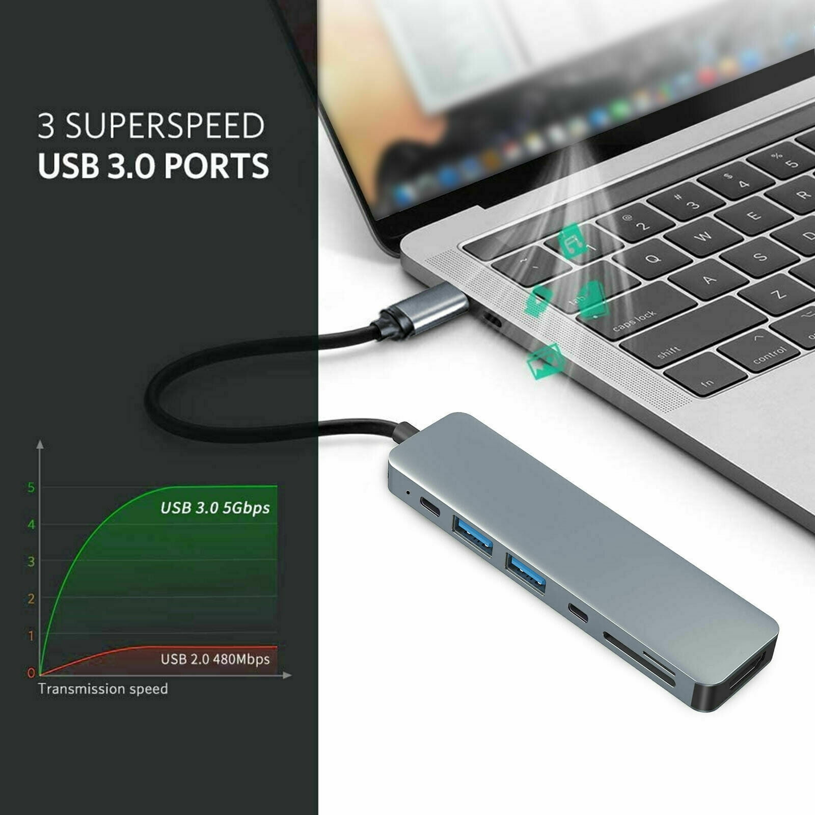 Silberner USB-Hub, an einen Laptop angeschlossen. Diagramm zeigt USB 3.0-Geschwindigkeit vs. USB 2.0.