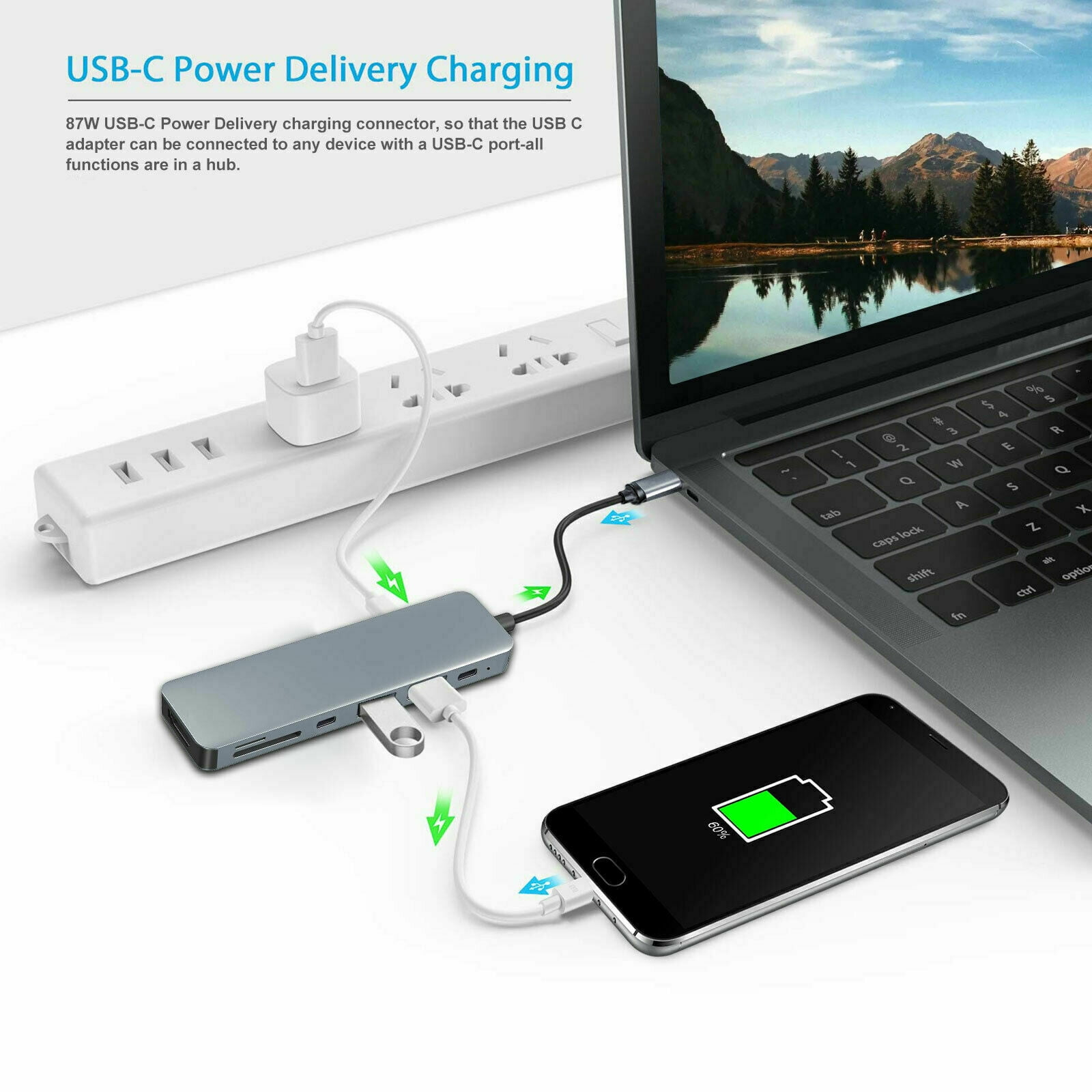 Hub mit Laptop, Telefon und Steckdose verbunden. Text: USB-C Power Delivery Laden.