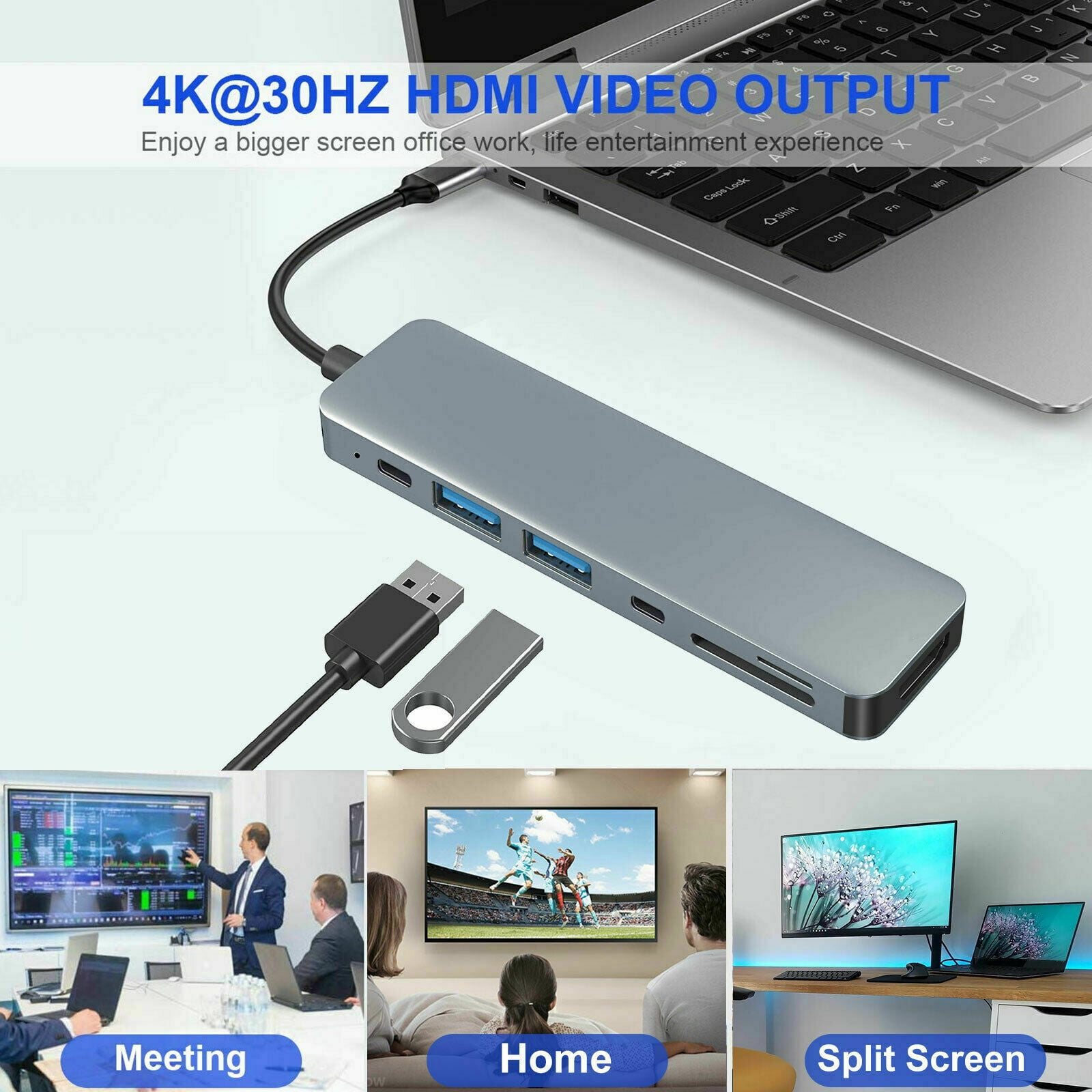 Silberner USB-Hub mit Laptop, Monitor und TV-Anzeigen. Text: 4K@30HZ HDMI VIDEO-AUSGANG.