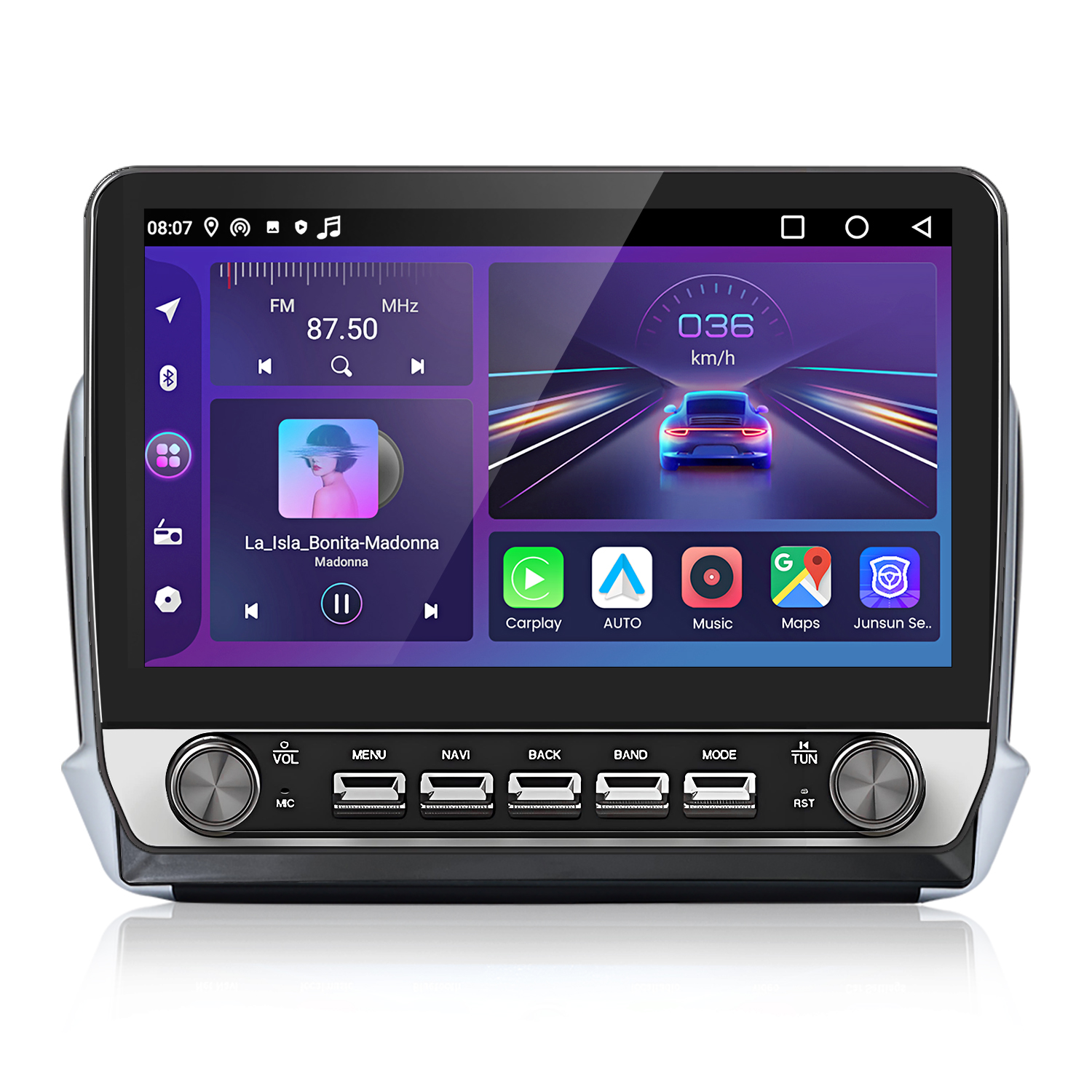 Autoradio mit großem Display, das Radio, Musik und Navigations-Oberfläche anzeigt.