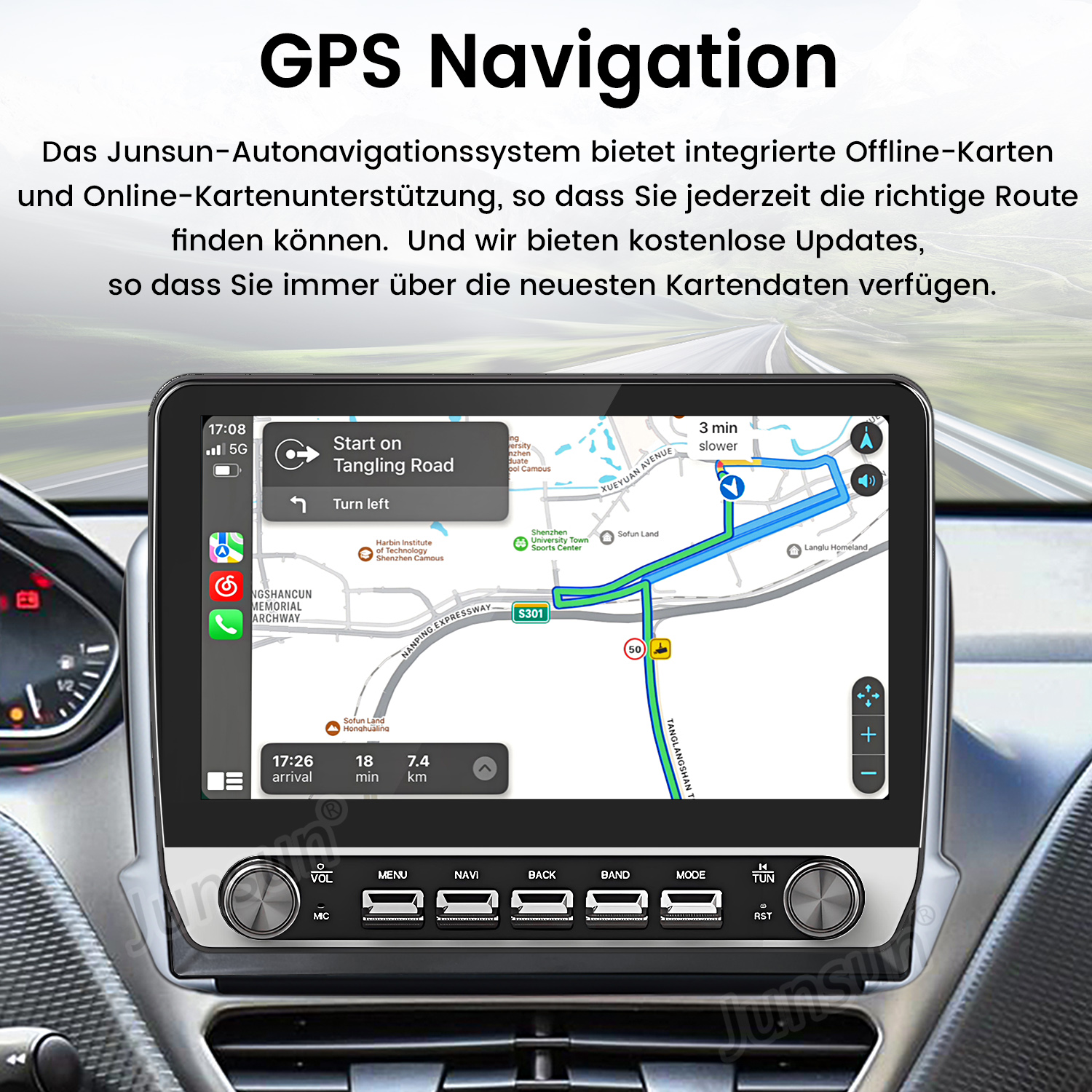 Autoradio mit GPS-Navigation auf dem Bildschirm. Der Bildschirm zeigt Karte und Navigationsinfo.