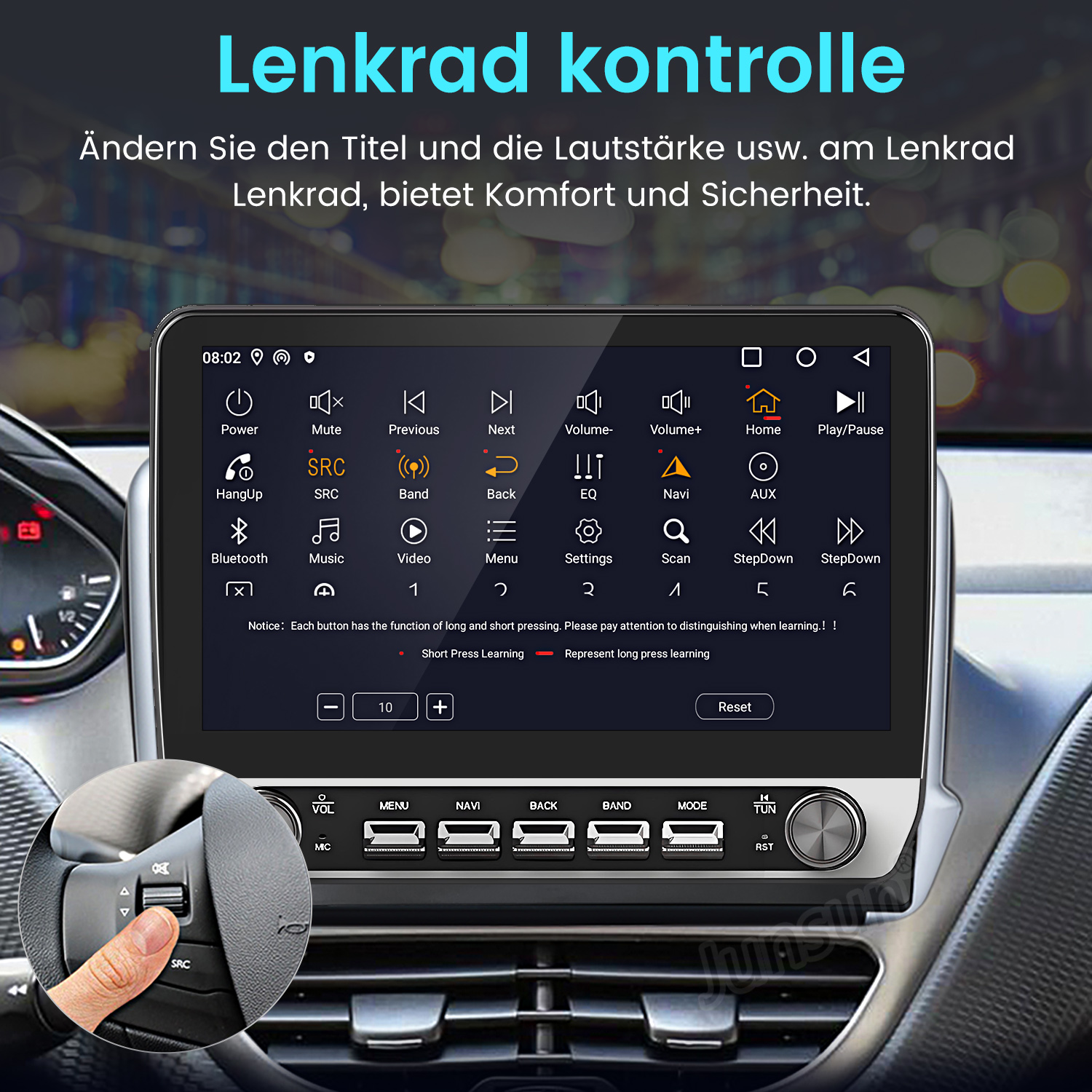 Auto-Bildschirm mit Tasten und eine Hand, die die Lenkradbedienelemente verwendet. Tasten auf dem Bildschirm und Lenkrad.