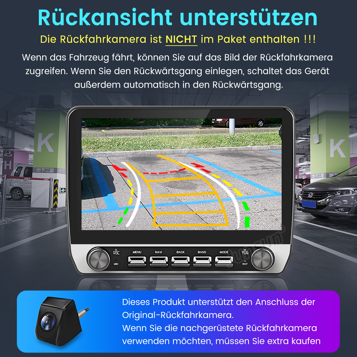 Auto-Bildschirm zeigt Rückfahrkamera-Ansicht. Der Bildschirm ist schwarz mit weißen Linien. Andere Autos im Hintergrund.