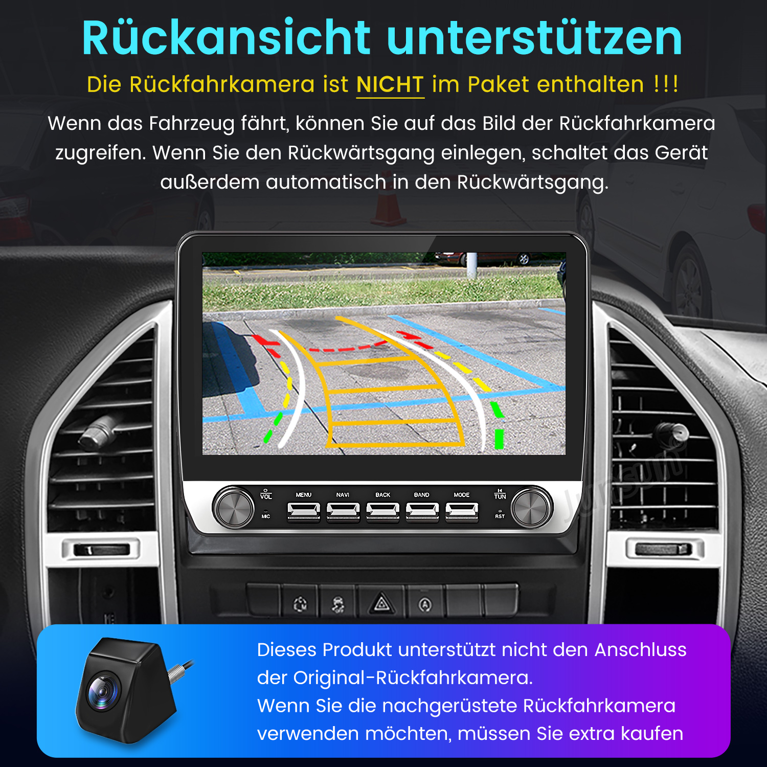 Auto-Armaturenbrett-Bildschirm mit einer Parkassistenten-Ansicht. Anzeige mit farbigen Linien und Kamerabild.