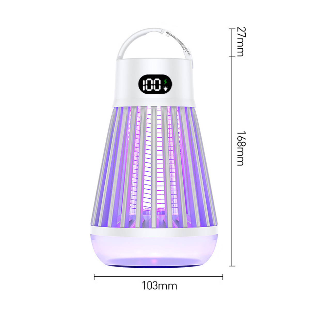 Insektenvernichterlampe, Maße: 168mm hoch, 103mm breit, 27mm Griff, weiß und lila.
