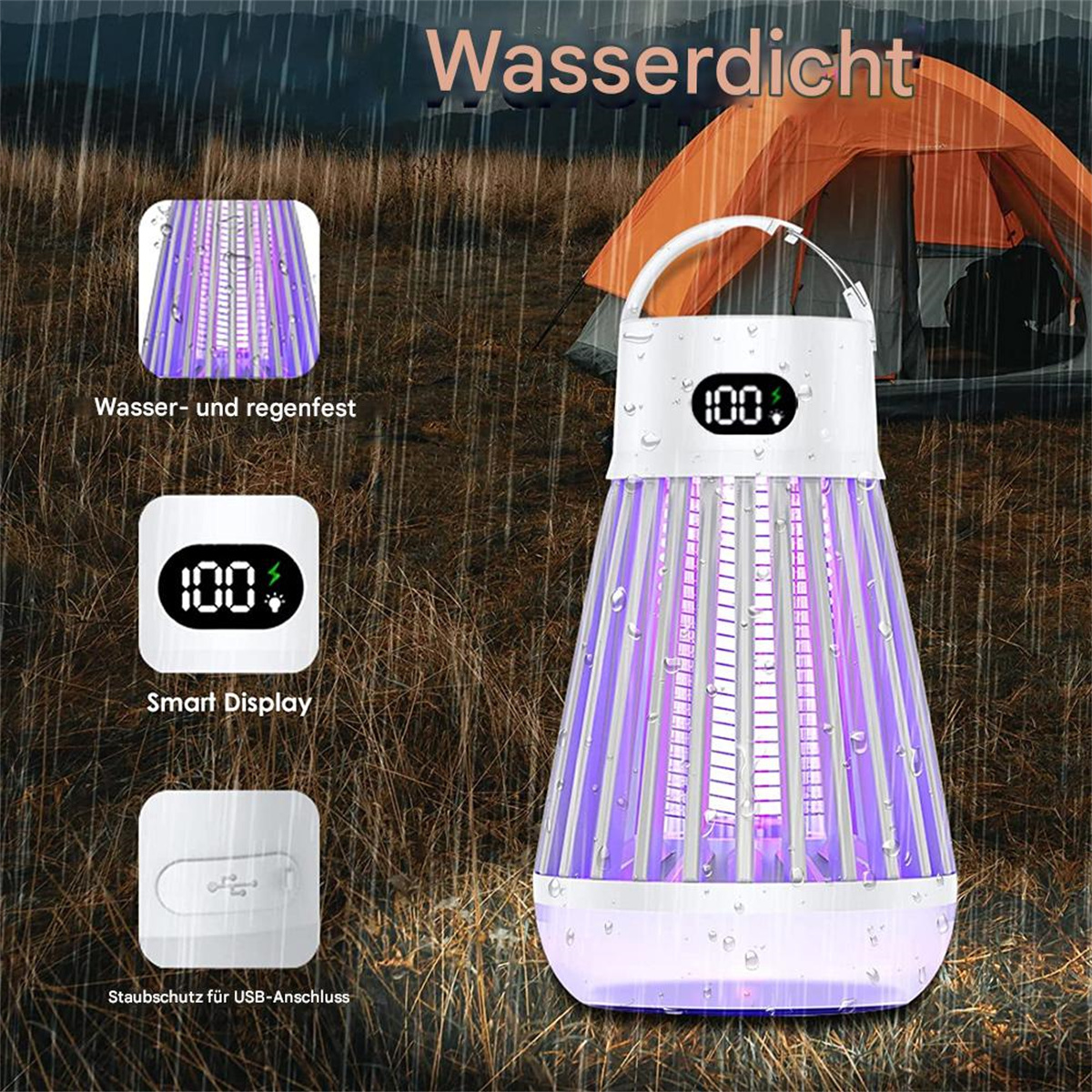 Eine Mückenfangvorrichtung im Regen mit einem Zelt im Hintergrund. Sie ist wasserdicht und hat Display.