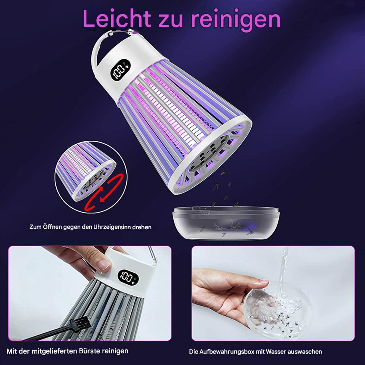 Eine Mückenfangvorrichtung wird gereinigt und zerlegt. Sie ist leicht zu reinigen und hat Display.