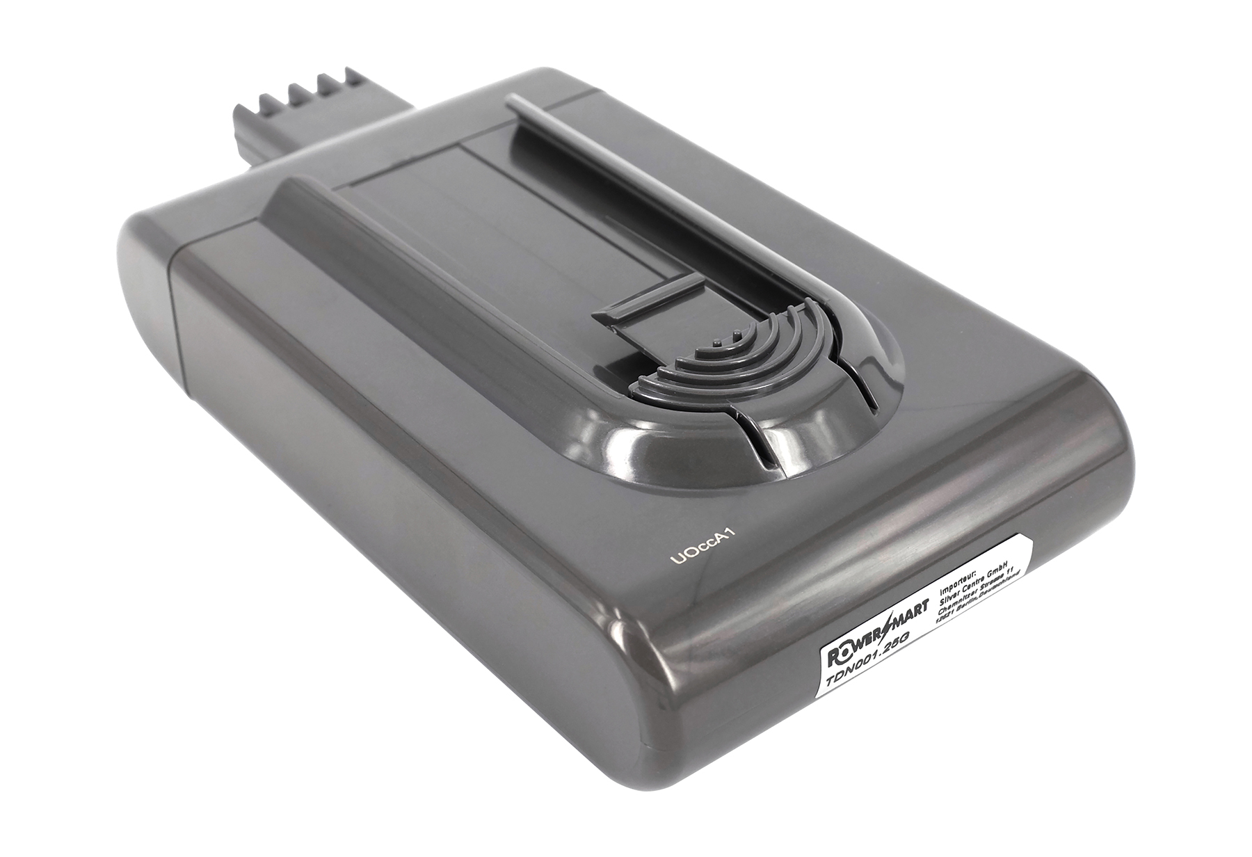 Graue Staubsaugerbatterie, rechteckig mit gewölbter Oberseite und Etikett.