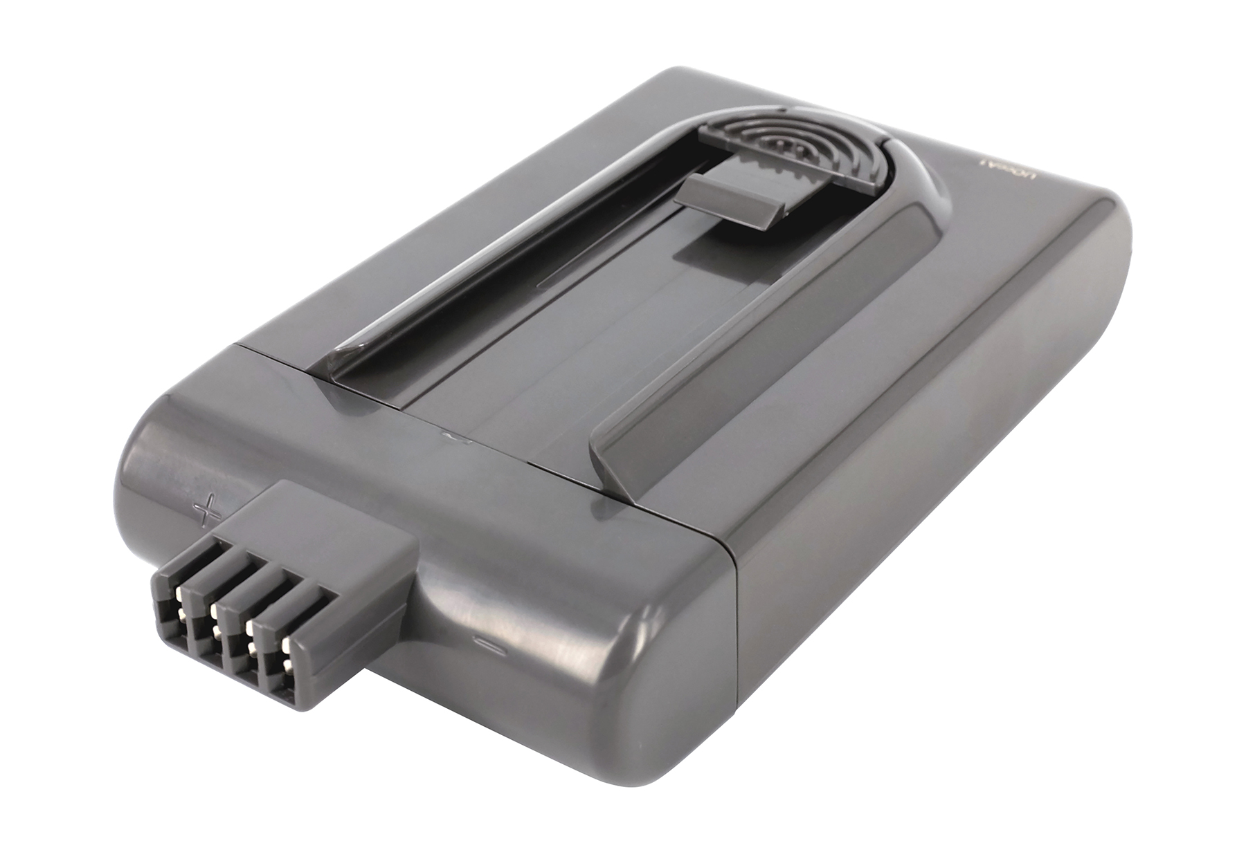 Graue Dyson-Staubsaugerbatterie. Die Batterie hat eine Bürste und eine Entriegelungstaste. Weißer Hintergrund.