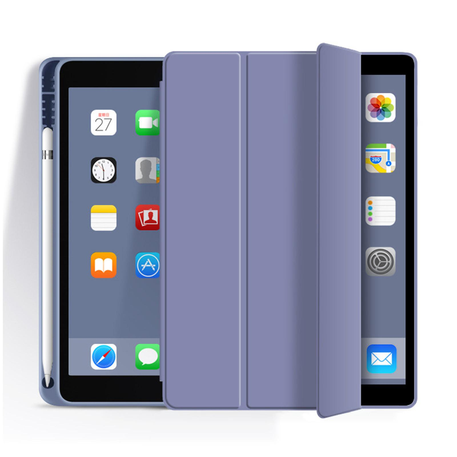 Ein iPad Pro mit blauem Gehäuse und Stift ist teilweise nach rechts geöffnet. Der Bildschirm zeigt App-Symbole.