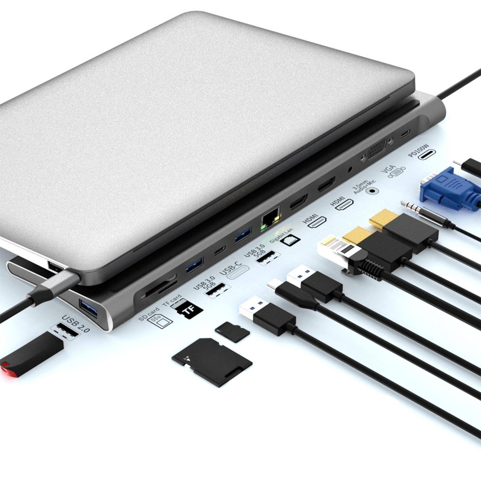 Ein Laptop ist mit einem Hub verbunden, der mehrere Kabel für verschiedene Anschlüsse hat. Verschiedene Anschlüsse sichtbar.