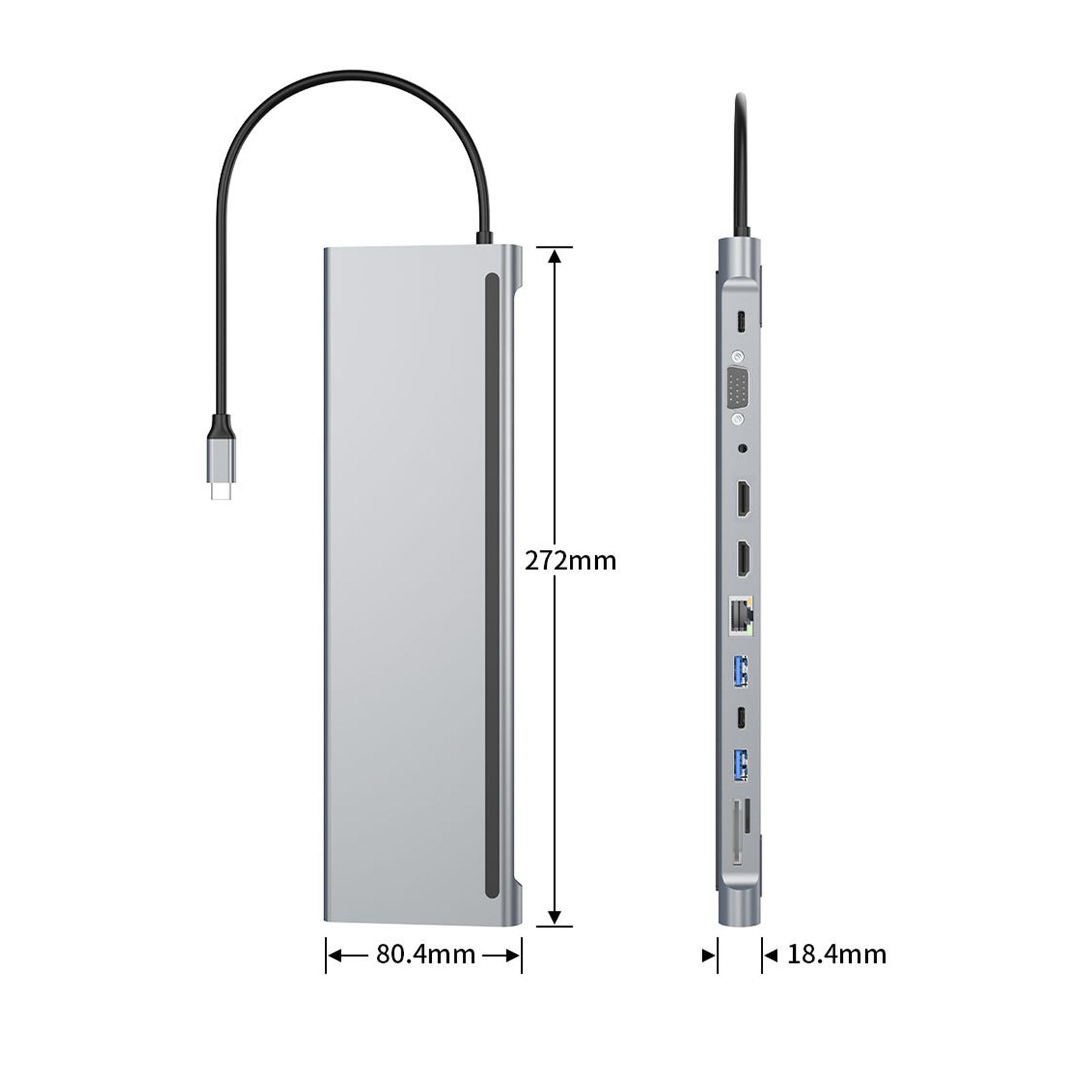 Silberner USB-Hub mit verschiedenen Anschlüssen und beschrifteten Abmessungen. Ein schwarzes Kabel geht vom Gerät ab.