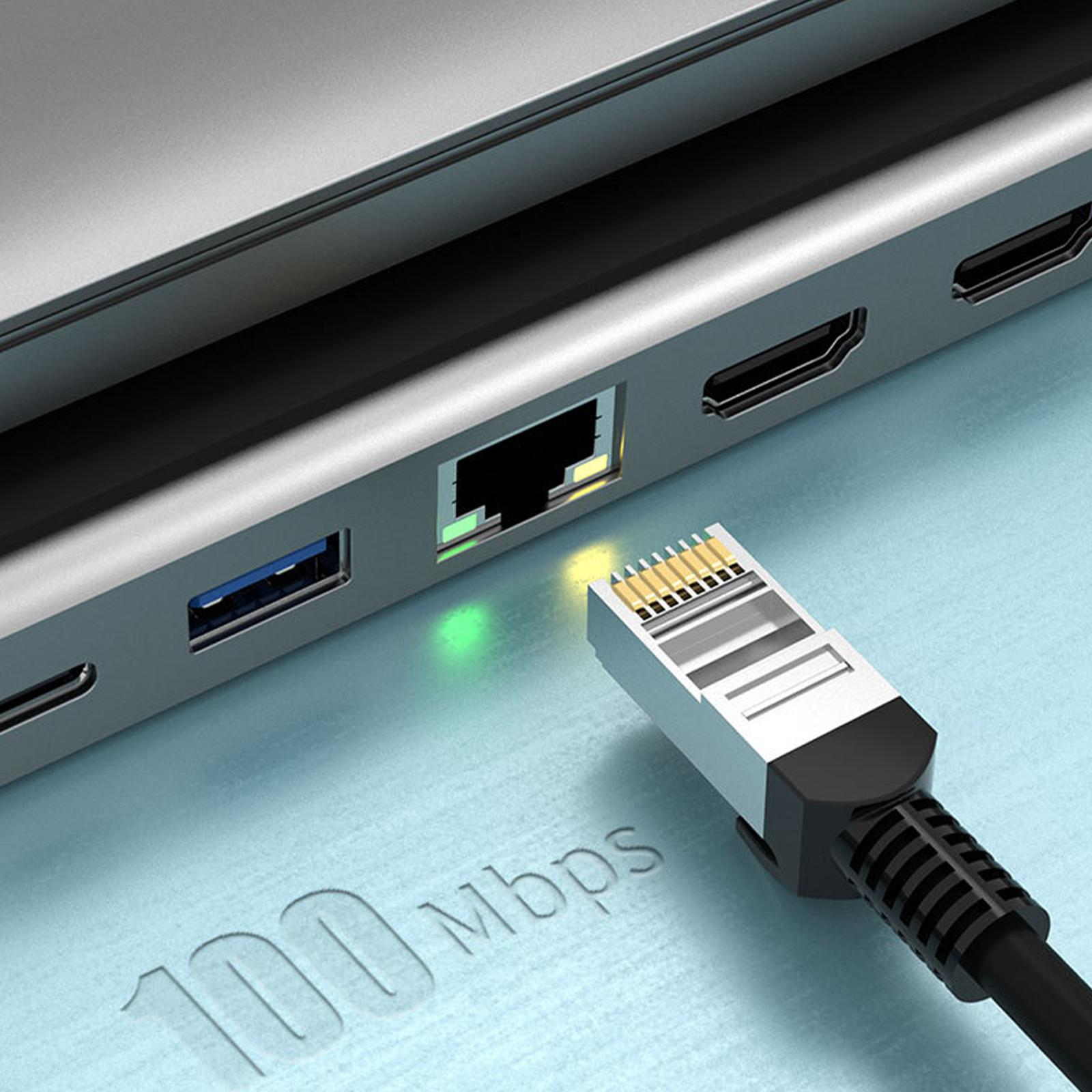Nahaufnahme eines USB-Hubs mit eingestecktem Kabel. Der Netzwerkanschluss leuchtet grün.