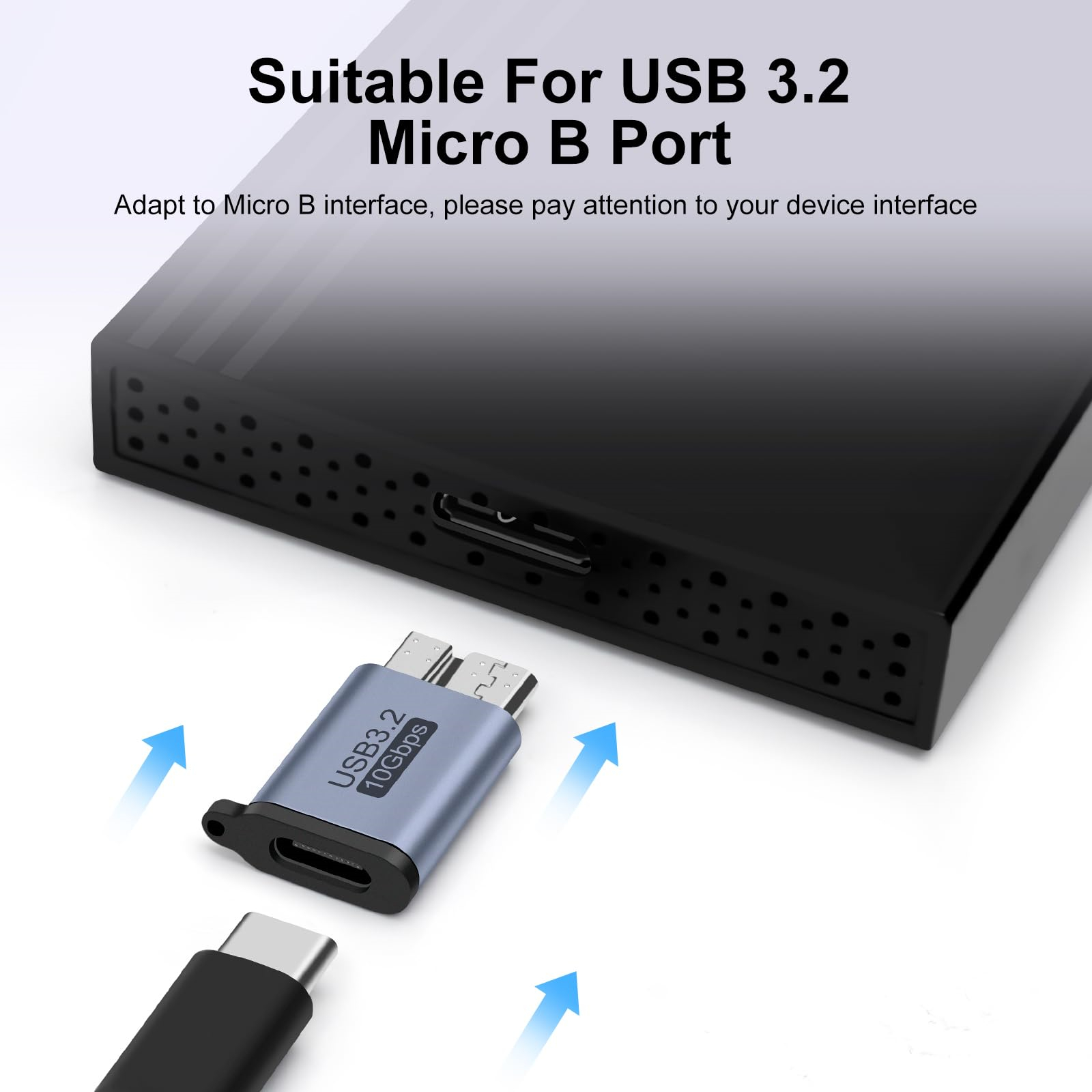 USB-C-Adapter, der in ein schwarzes Gerät eingesetzt wird. Text: Geeignet für USB 3.2 Micro B Port.
