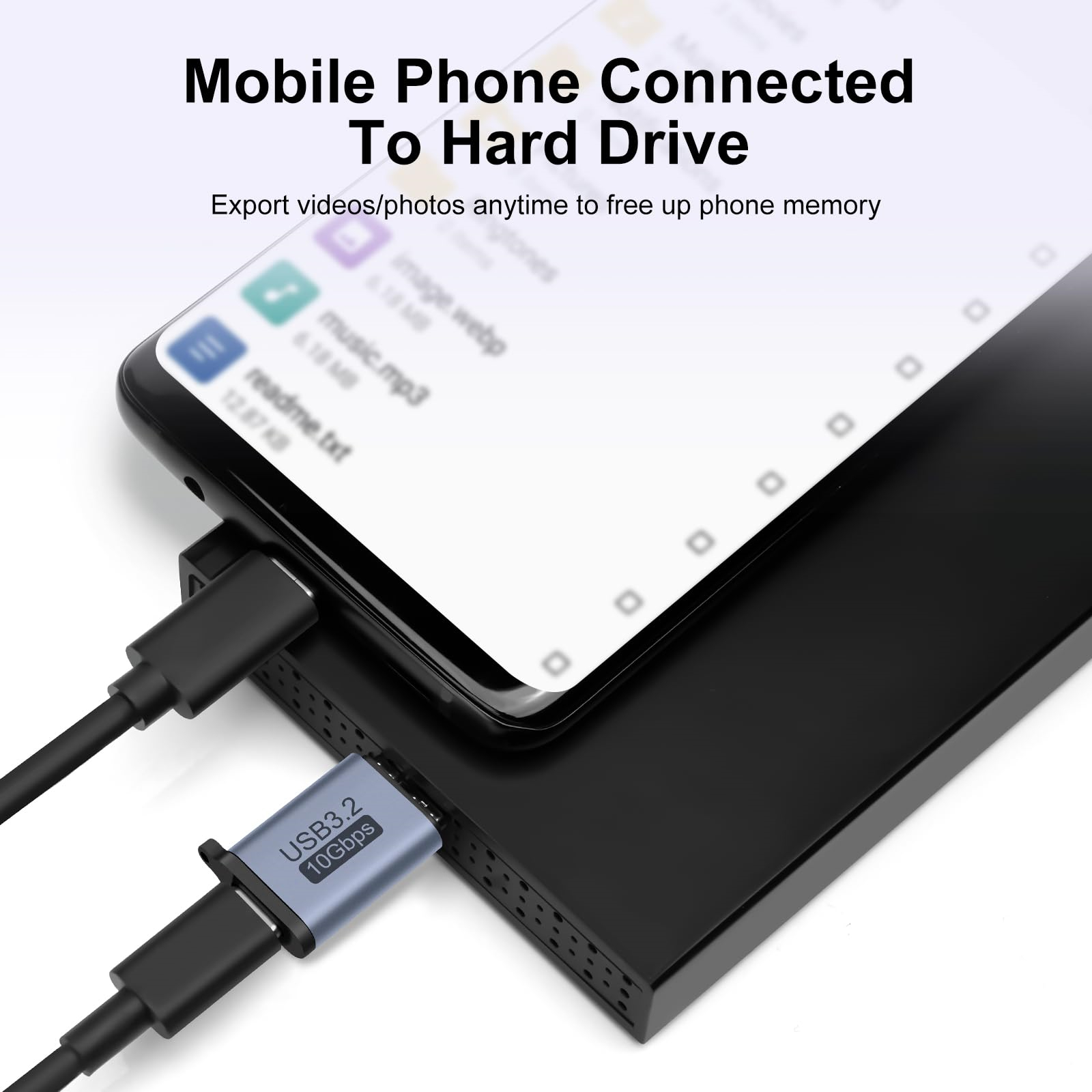 Smartphone über ein USB-C-Kabel mit einer schwarzen Festplatte verbunden. Text: Mobiltelefon mit Festplatte verbunden.