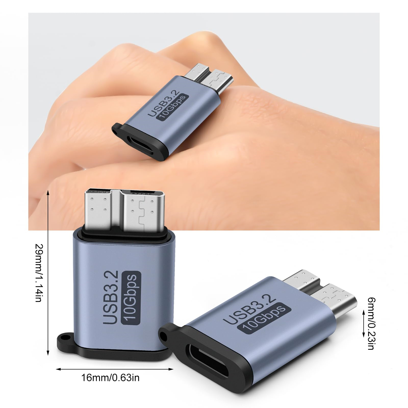 Zwei USB-C-Adapter, einer in der Hand, mit Abmessungen und Text 'USB 3.2 10Gbps'.