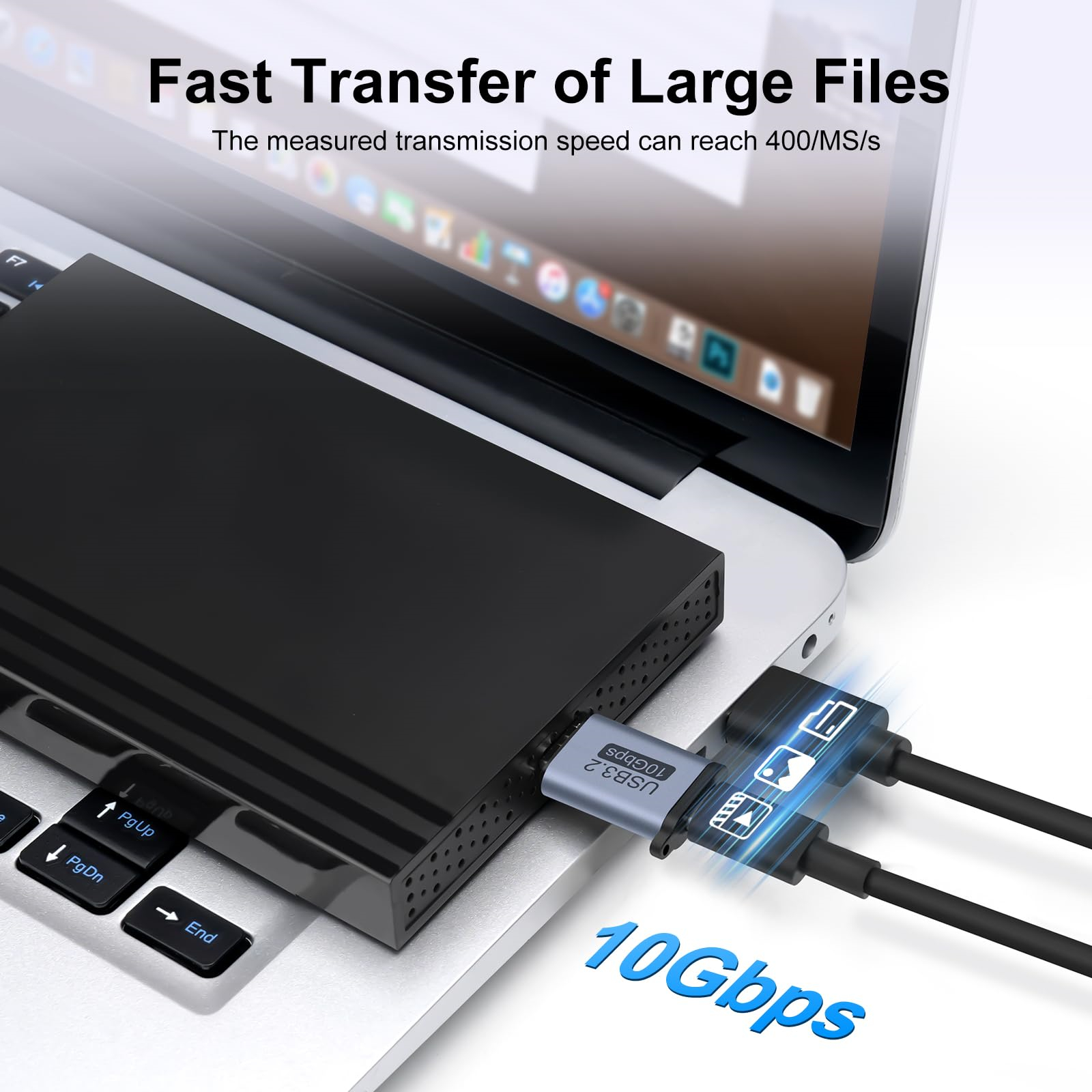 Laptop mit schwarzem Gerät verbunden, USB-C-Adapter. Text: Schnelle Übertragung großer Dateien, 10 Gbit/s.
