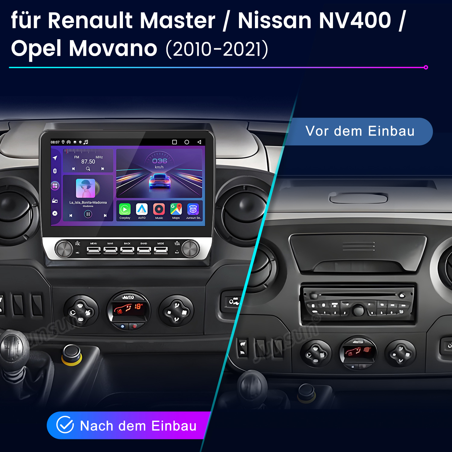 Vergleich des Einbaus eines Autoradios. Armaturenbrett mit altem Radio links, neuem Touchscreen-Radio rechts. Schwarz.