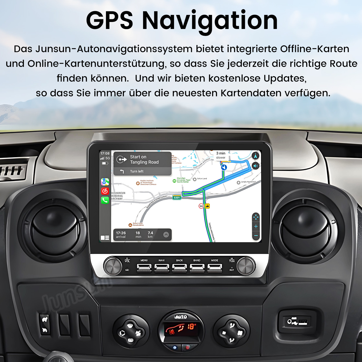 Auto-Armaturenbrett mit GPS-Navigationsbildschirm, der eine Karte und Route anzeigt.