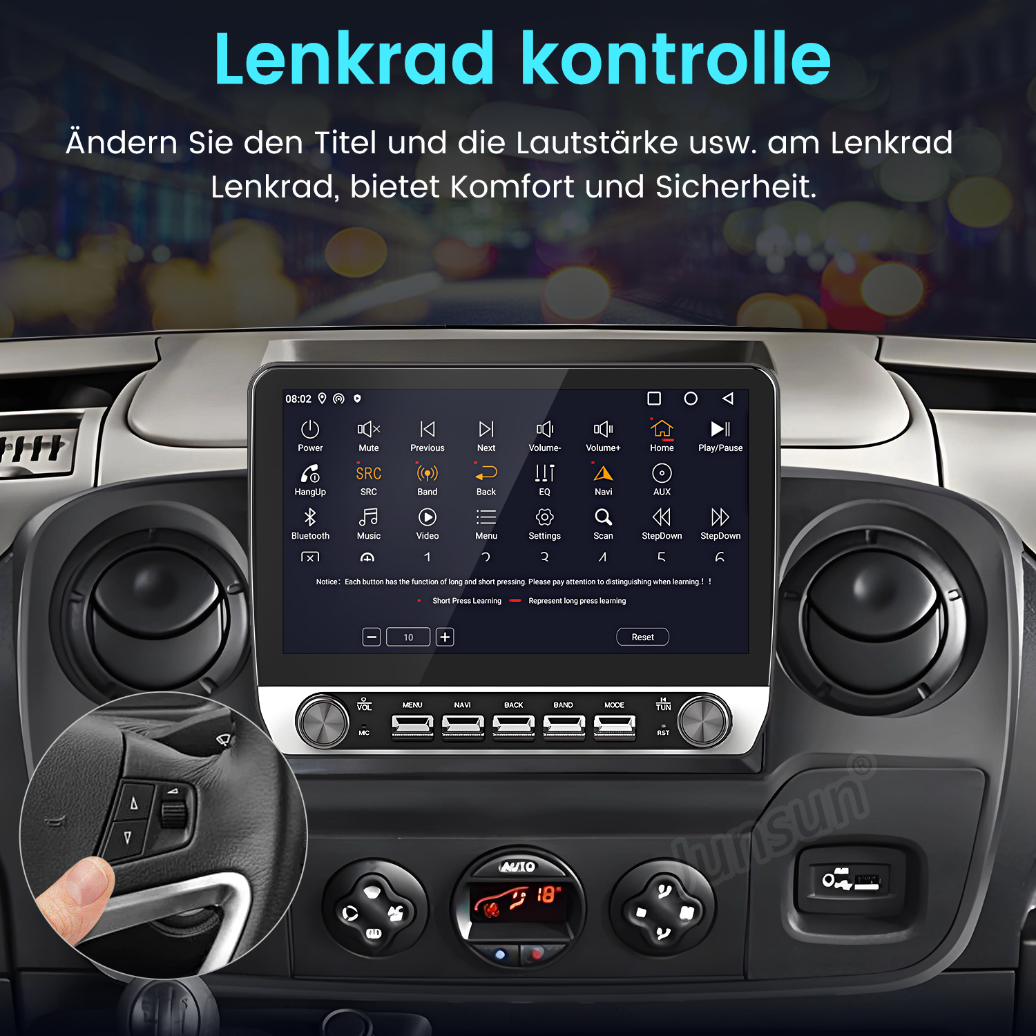 Auto-Armaturenbrett-Bildschirm mit Musikoberfläche und Lenkradbedienelementen.