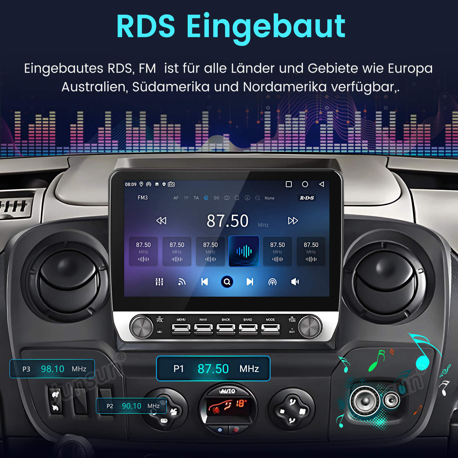 Ekran multimedialny samochodu wyświetlający informacje radiowe FM i elementy sterujące. Wyświetlane nuty.