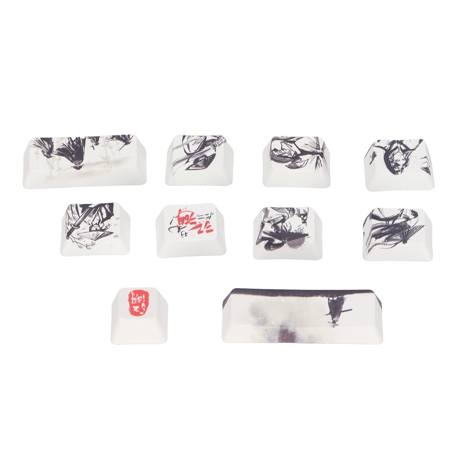 Tastaturtasten mit künstlerischen schwarz-weißen Designs. Einige Tasten haben roten Text. Weißer Hintergrund.