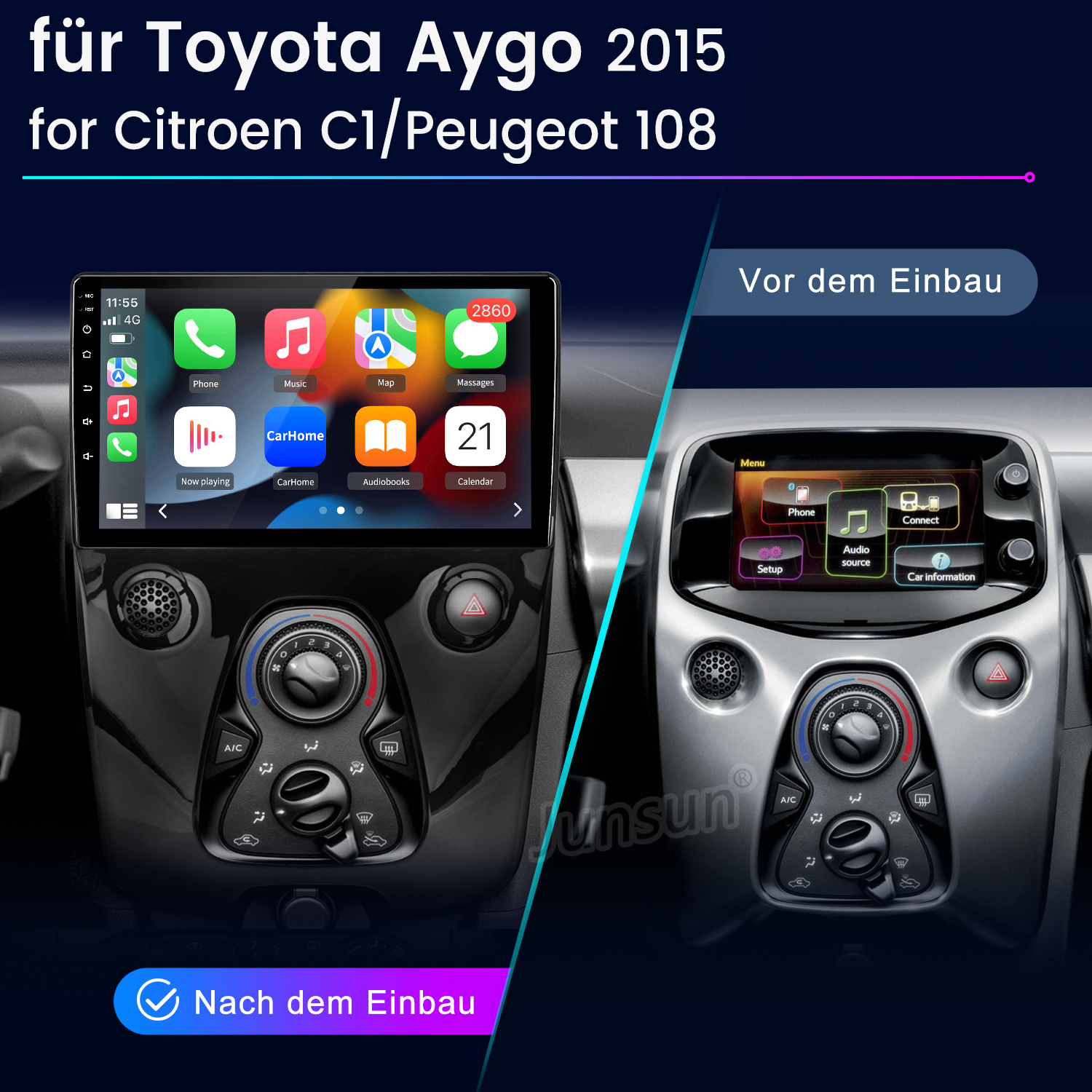 Armaturenbrett mit Bildschirm, der Apps zeigt. Vergleich vor und nach der Installation.
