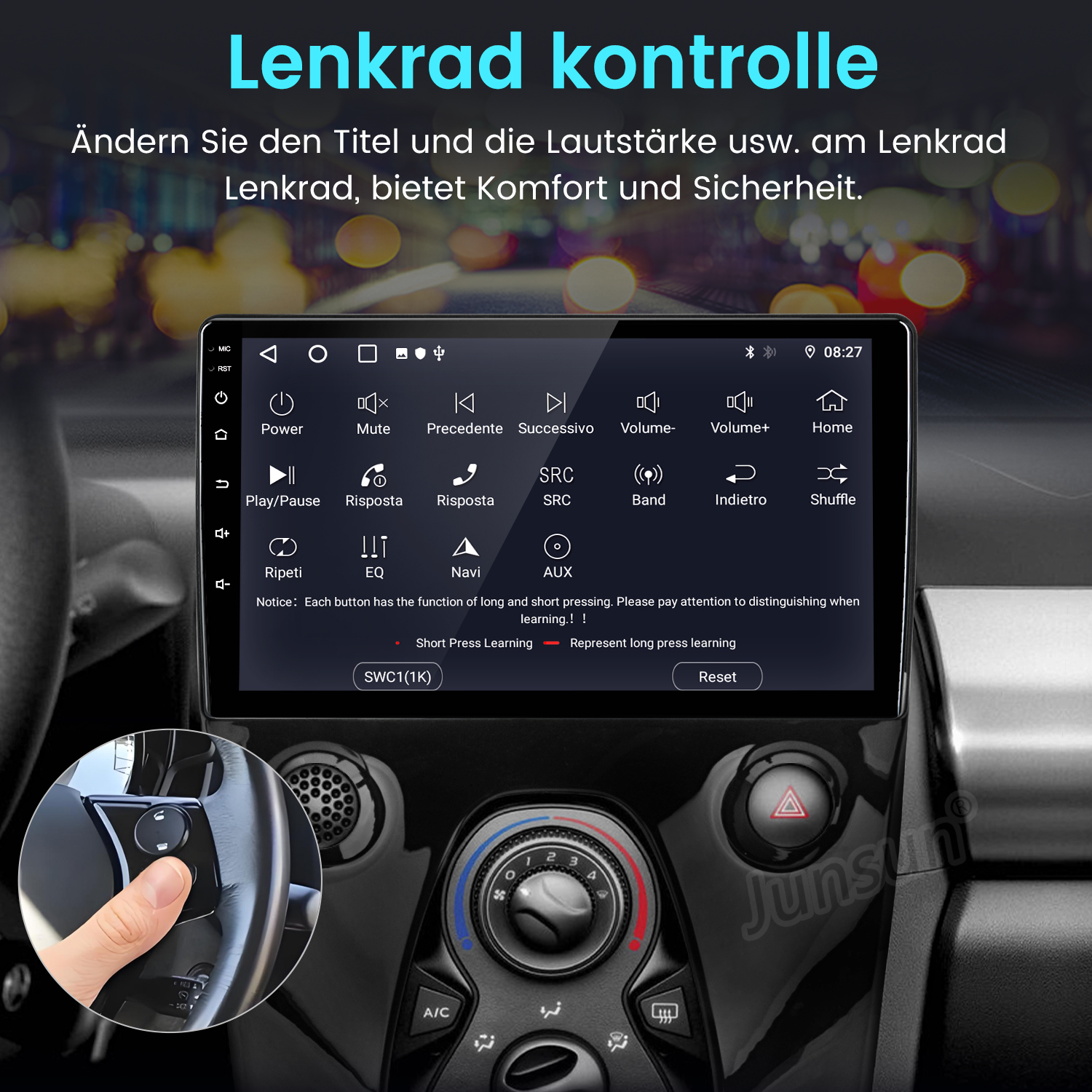 Autoscreen-Oberfläche mit Knöpfen. Hand am Lenkrad. Hintergrund: Auto-Innenraum, verschwommene Lichter.