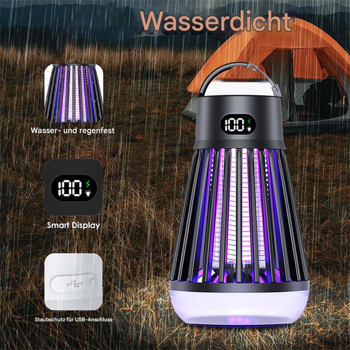 Schwarz-violette Insektenvernichter-Lampe mit Griff. Anzeige zeigt '100'. Weiße und schwarze Details.