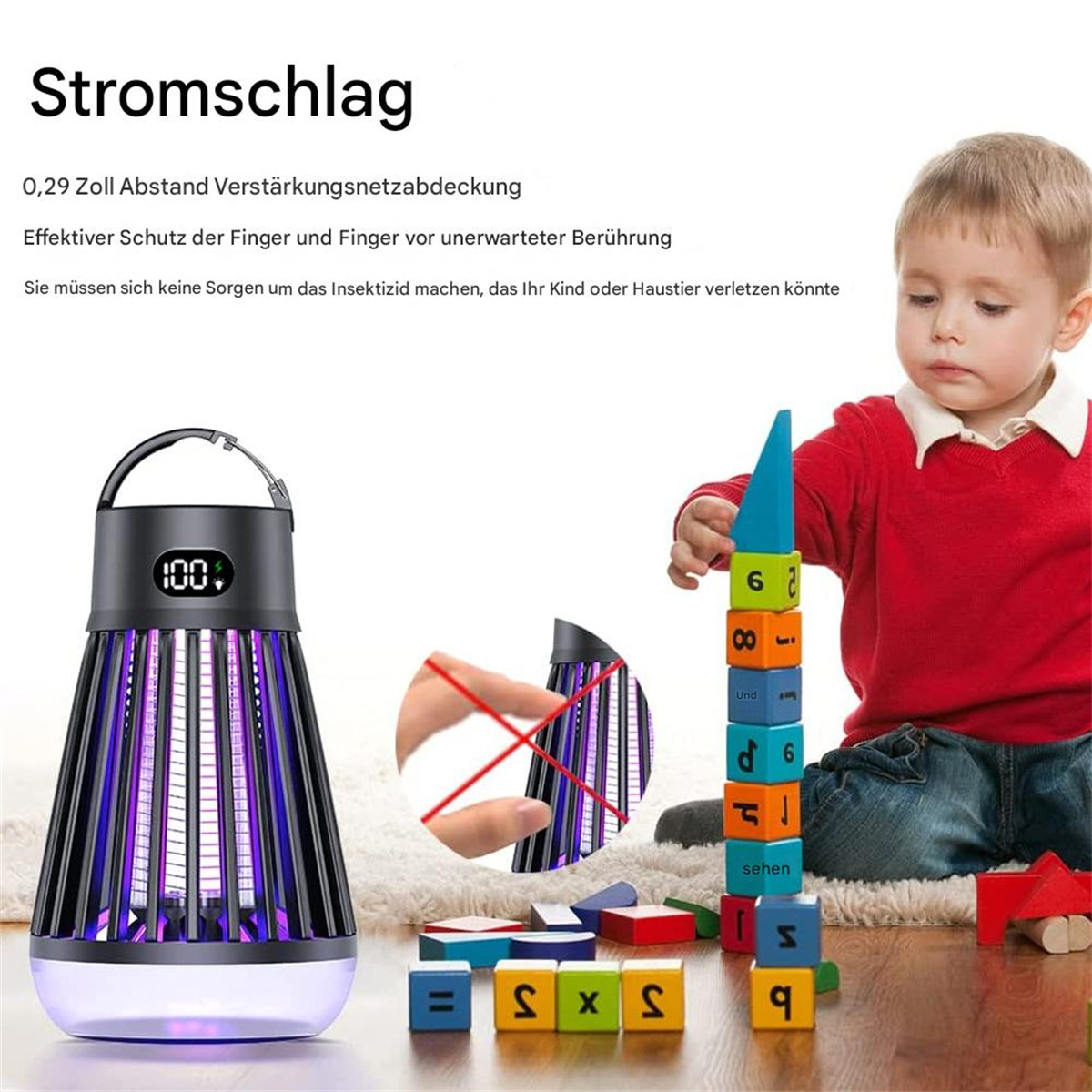 Insektenvernichter und Kind spielt mit Blöcken. Vernichter hat violettes Licht und Griff. Blöcke bunt.
