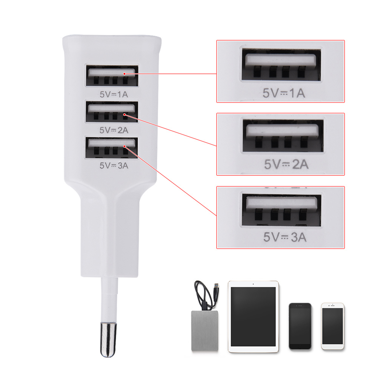 Weißes USB-Ladegerät mit 3 Anschlüssen. Jeder Anschluss hat Ausgangsleistung. Kleine Geräte darunter.