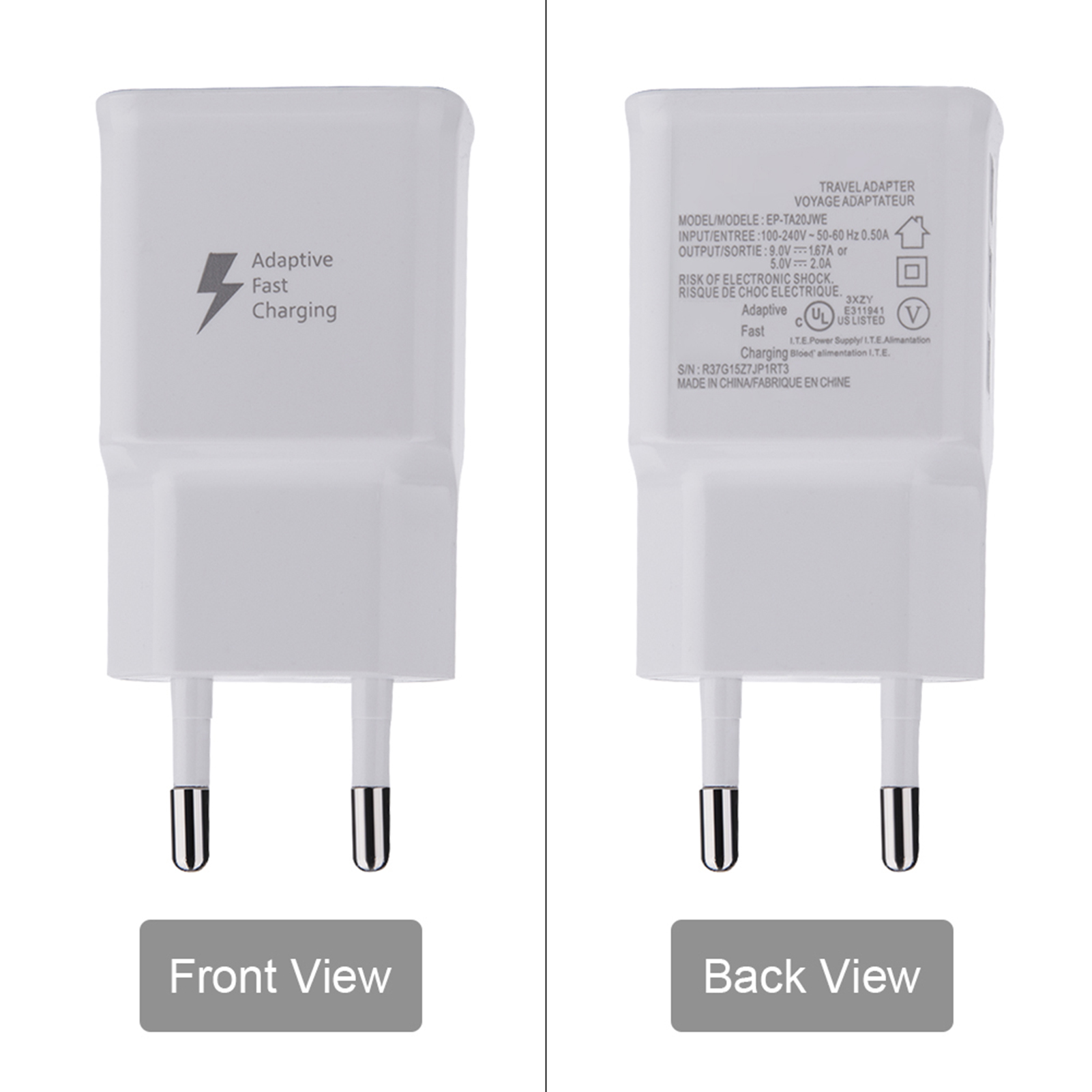 Zweiteiliges Bild mit einem weißen Reiseadapter. Vorderansicht zeigt 'Adaptive Fast Charging'. Rückseite hat Text.