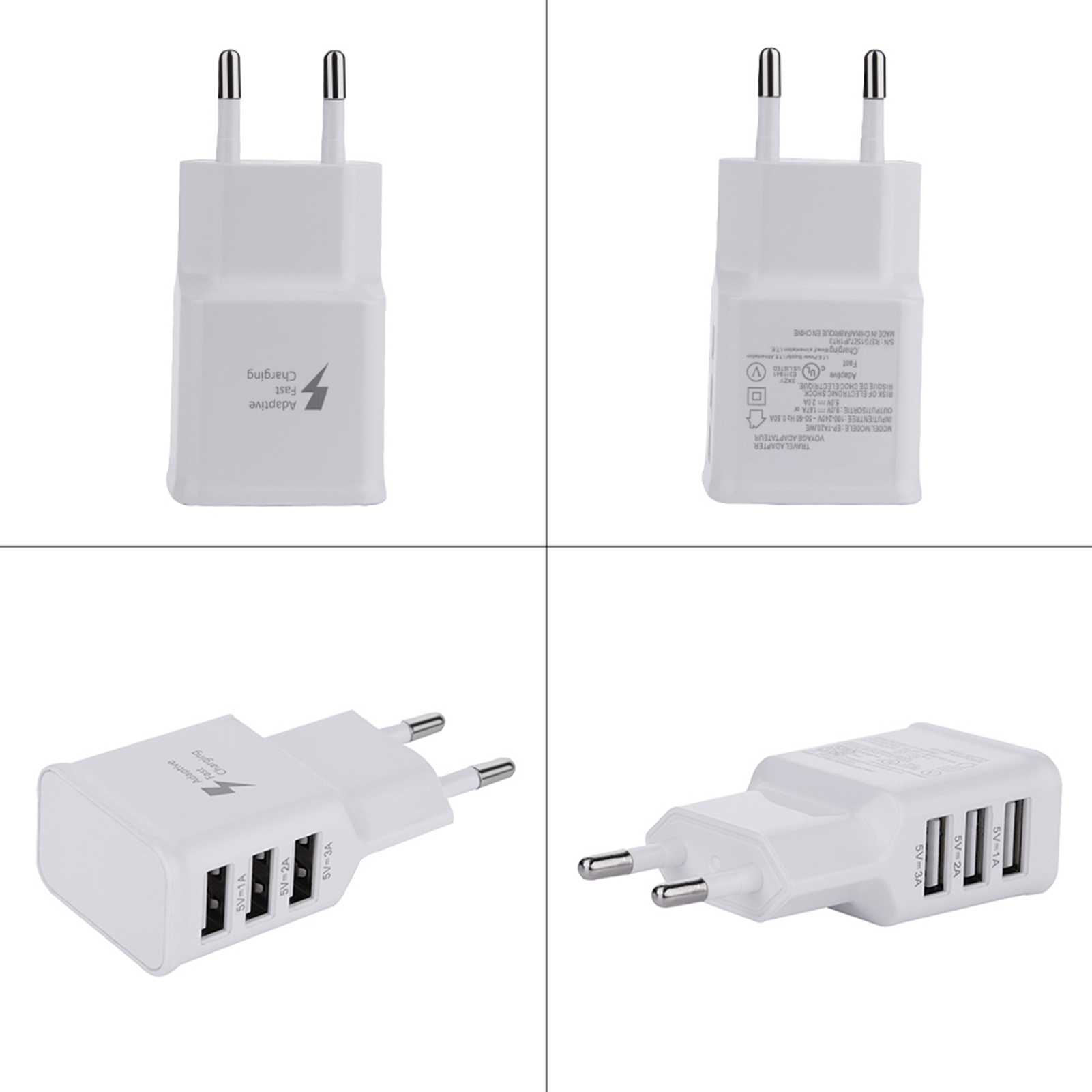 Weiße USB-Ladegeräte. Schnellladen gekennzeichnet. Mehrere Ansichten, einschließlich Seite und oben.