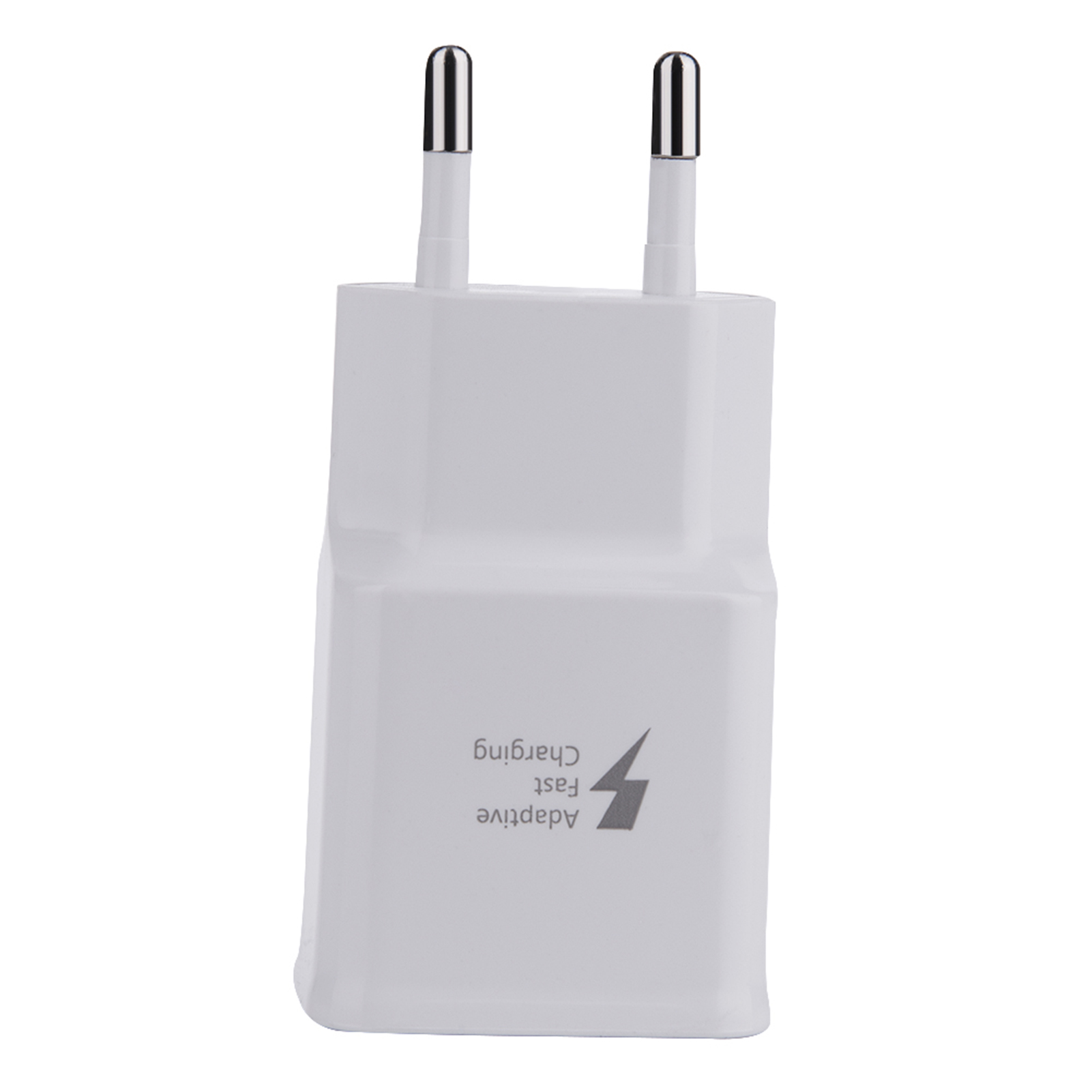 Weißes Ladegerät mit silbernen Stiften. 'Adaptive Fast Charging' Logo. Graues Blitzsymbol.