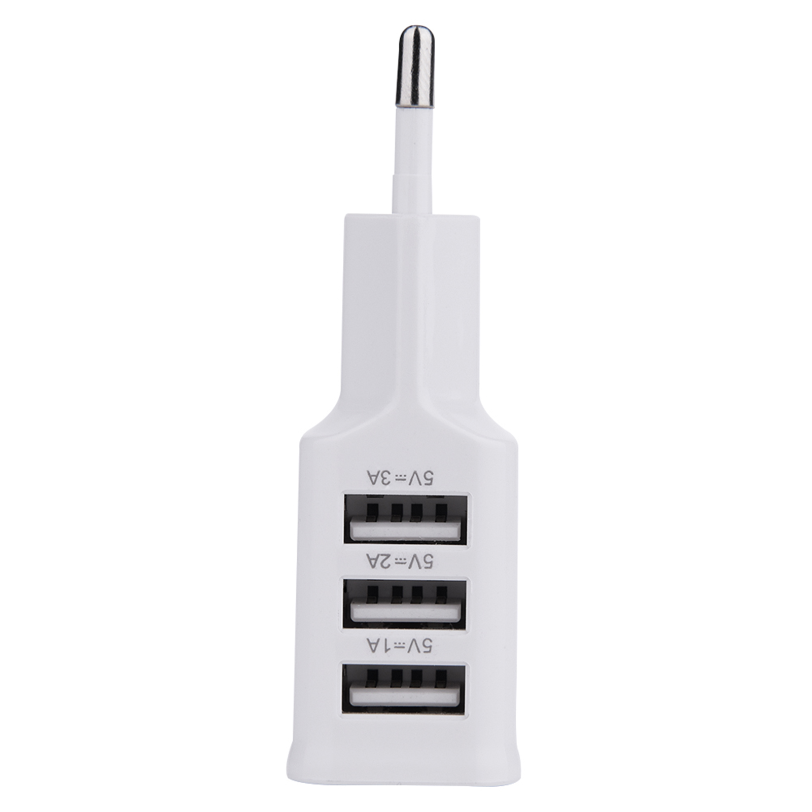 Weißes Ladegerät mit einem silbernen Stift und drei USB-Anschlüssen. Text: 5V=3A, 5V=2A, 5V=1A.
