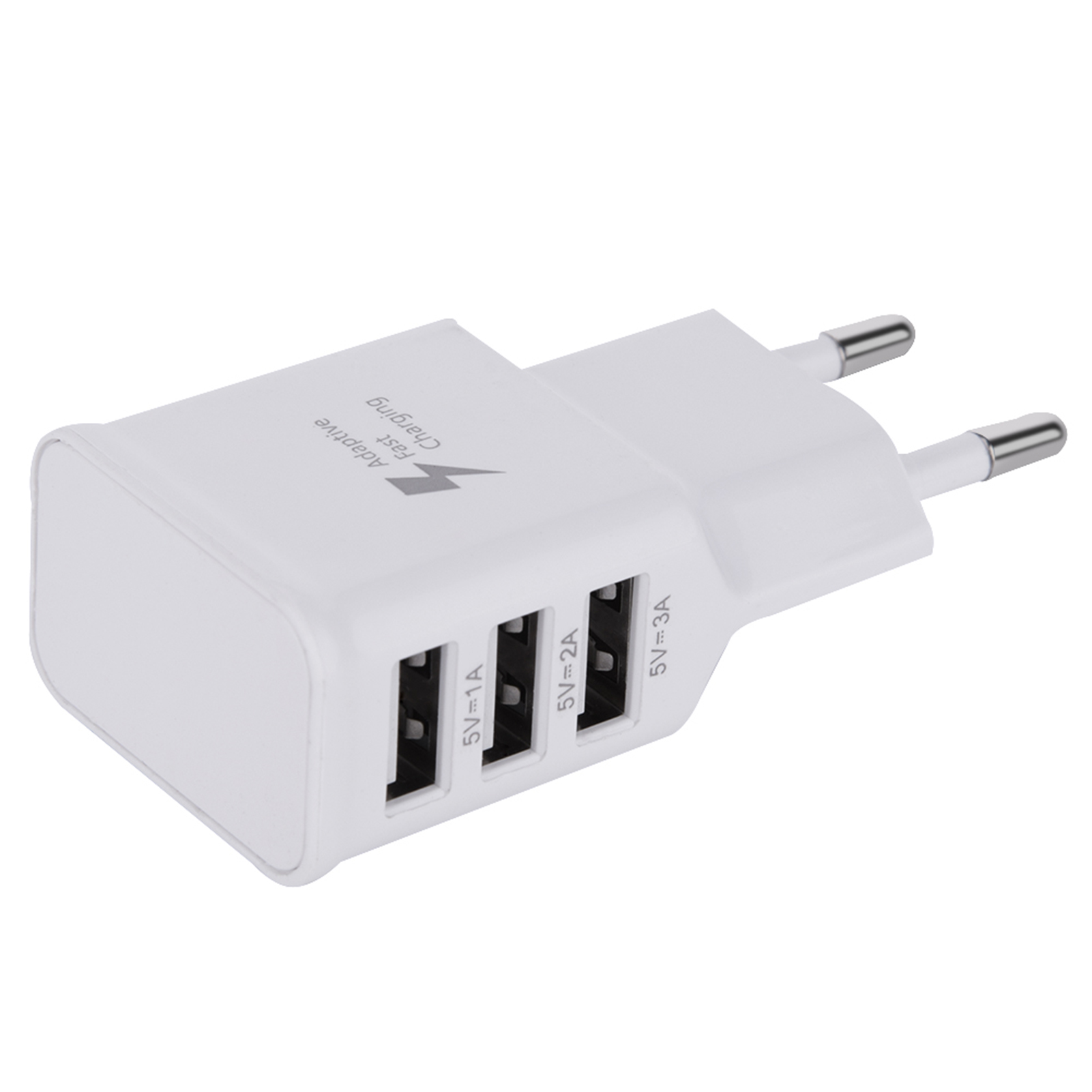 Weißes Ladegerät mit drei USB-Anschlüssen. Text: 5V=1A, 5V=2A, 5V=3A. Silberne Stifte. Schnelles Laden.