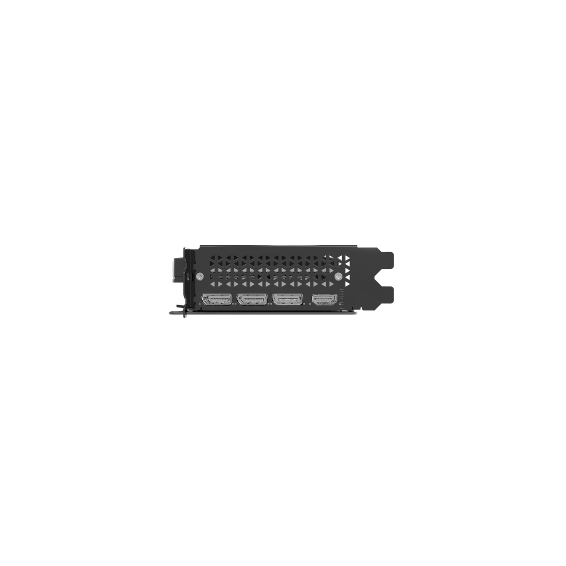 Rückseite einer schwarzen Grafikkarte mit Anschlüssen. Mehrere HDMI- und Display-Ports. Schwarzer Hintergrund.