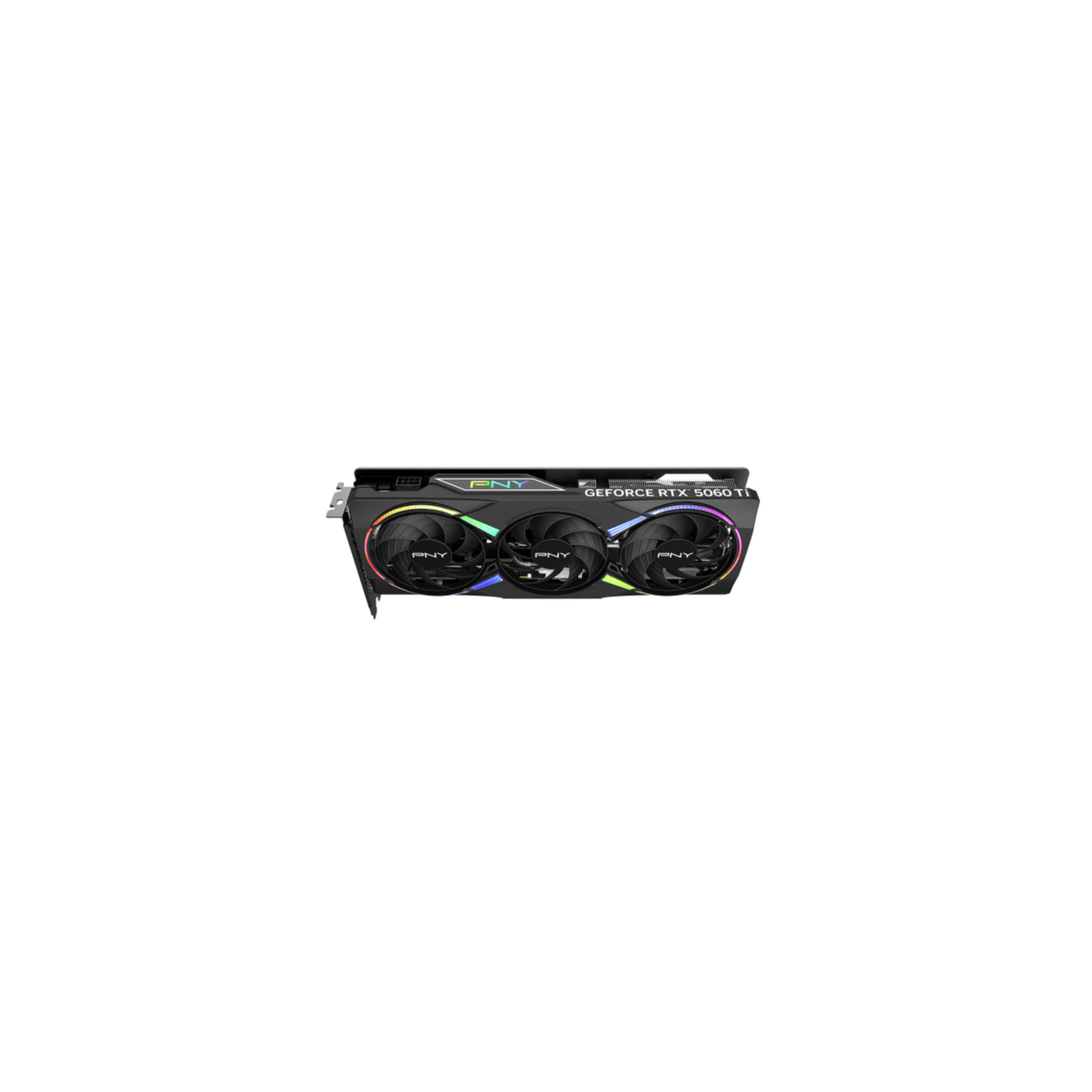 Eine schwarze PNY GeForce RTX 3060 Ti Grafikkarte mit drei Lüftern wird angezeigt.