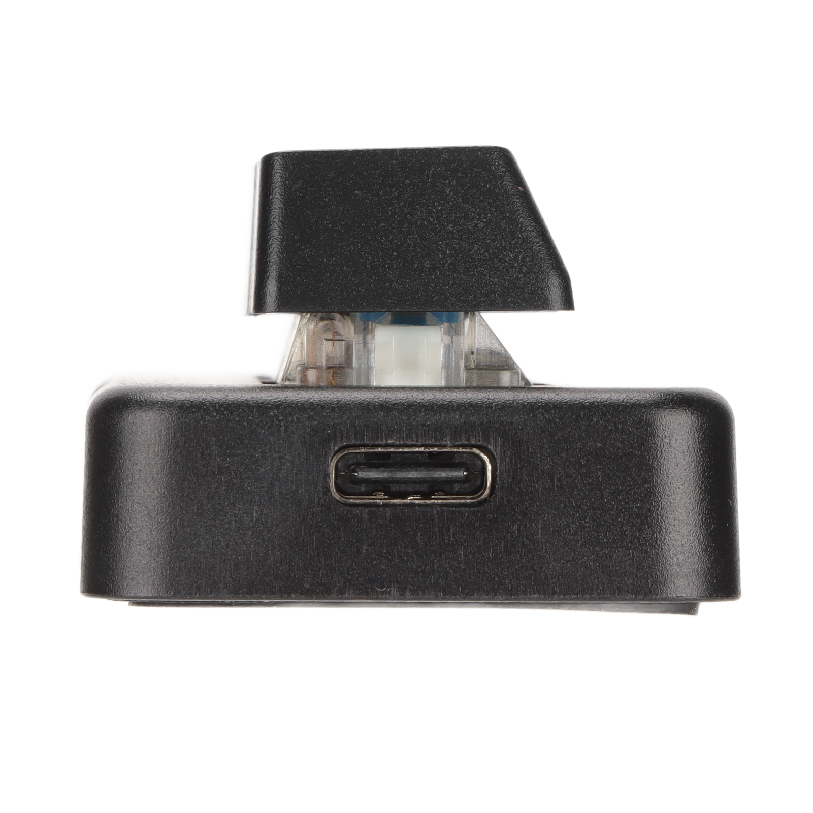 Ein schwarzer mechanischer Tastaturschalter mit einem USB-C-Anschluss wird gezeigt.