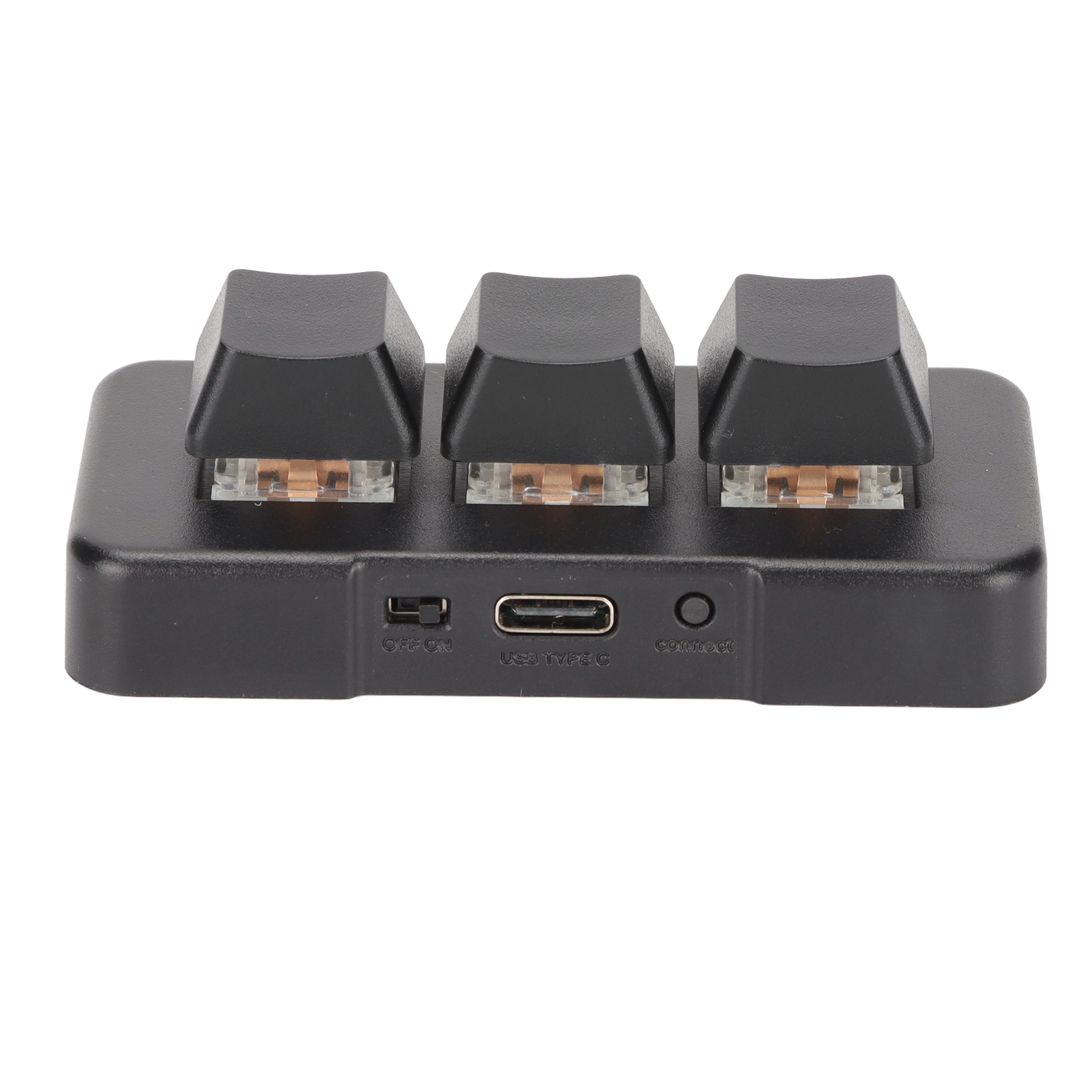 Nahaufnahme einer schwarzen Makro-Tastatur mit drei Tasten, mit USB-C- und Stromanschlüssen.