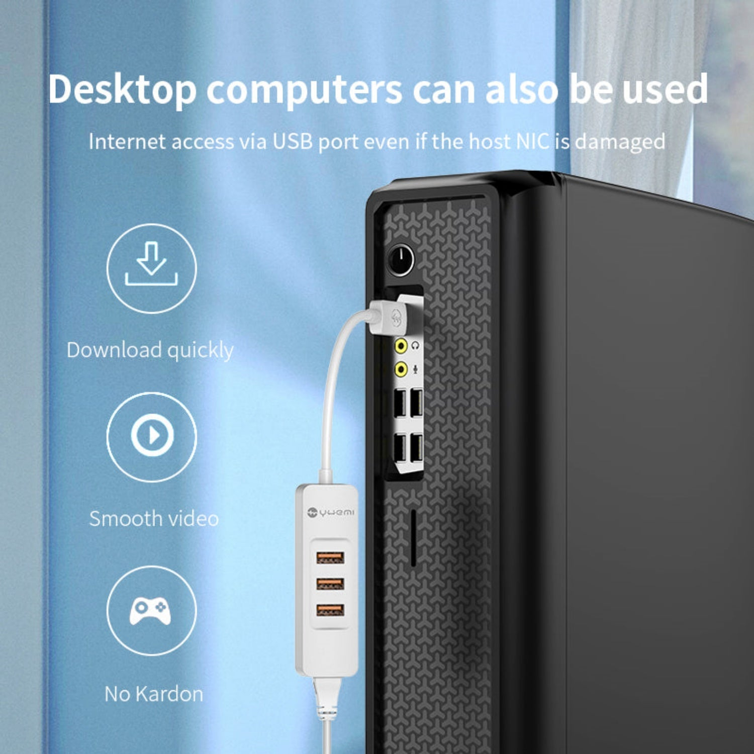 Ein Computer, der mit einem weißen Adapter mit USB-Laufwerk, Ethernet-Kabel und Text verbunden ist.