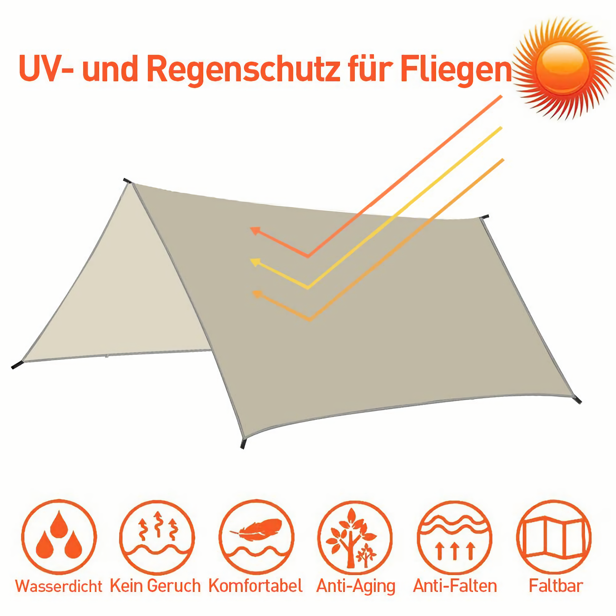 Ein beiger Sonnenschirm mit deutschem Text und Symbolen, die Merkmale veranschaulichen.