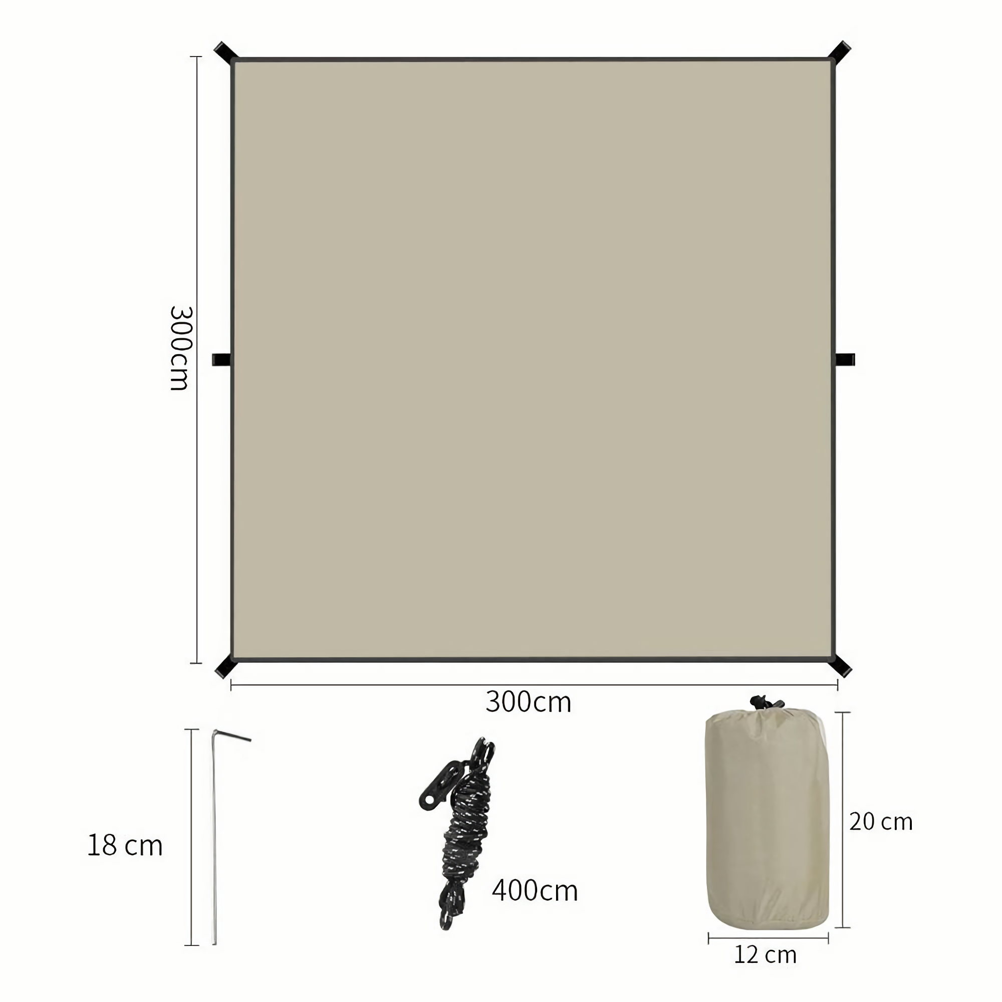 Beiges quadratisches Tarp mit Maßen, zusammen mit einem Spannwerkzeug und einem Aufbewahrungsbeutel.