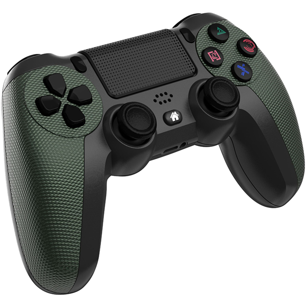 Grüner und schwarzer Gamecontroller aus einem Winkel betrachtet.
