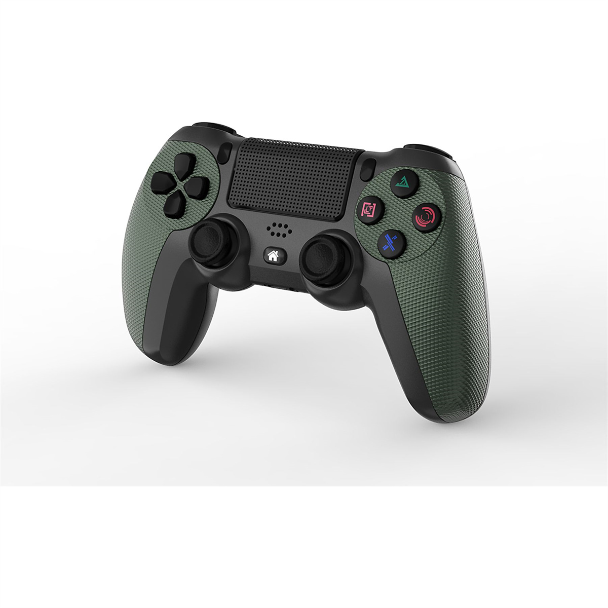 Grün-schwarzer Gamecontroller schräg auf Weiß, Knöpfe zeigend.